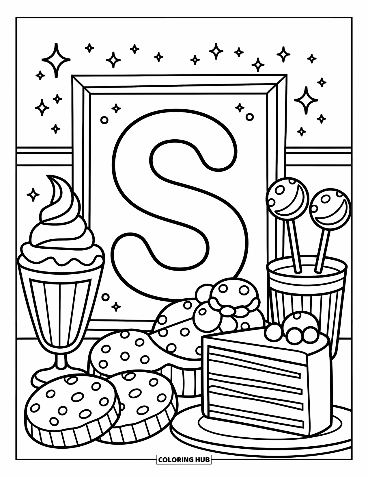 Letter S Coloring Page for Adults: A dessert ìSî surrounded by sundae, cookies, cake, and cute lollipops