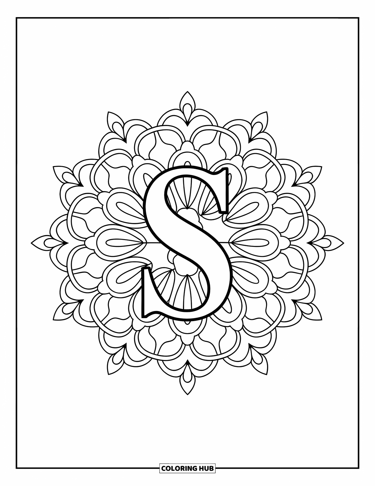 Letter S Coloring Page for Adults: A floral mandala surrounds an ornate "S" with swirling petals and vines