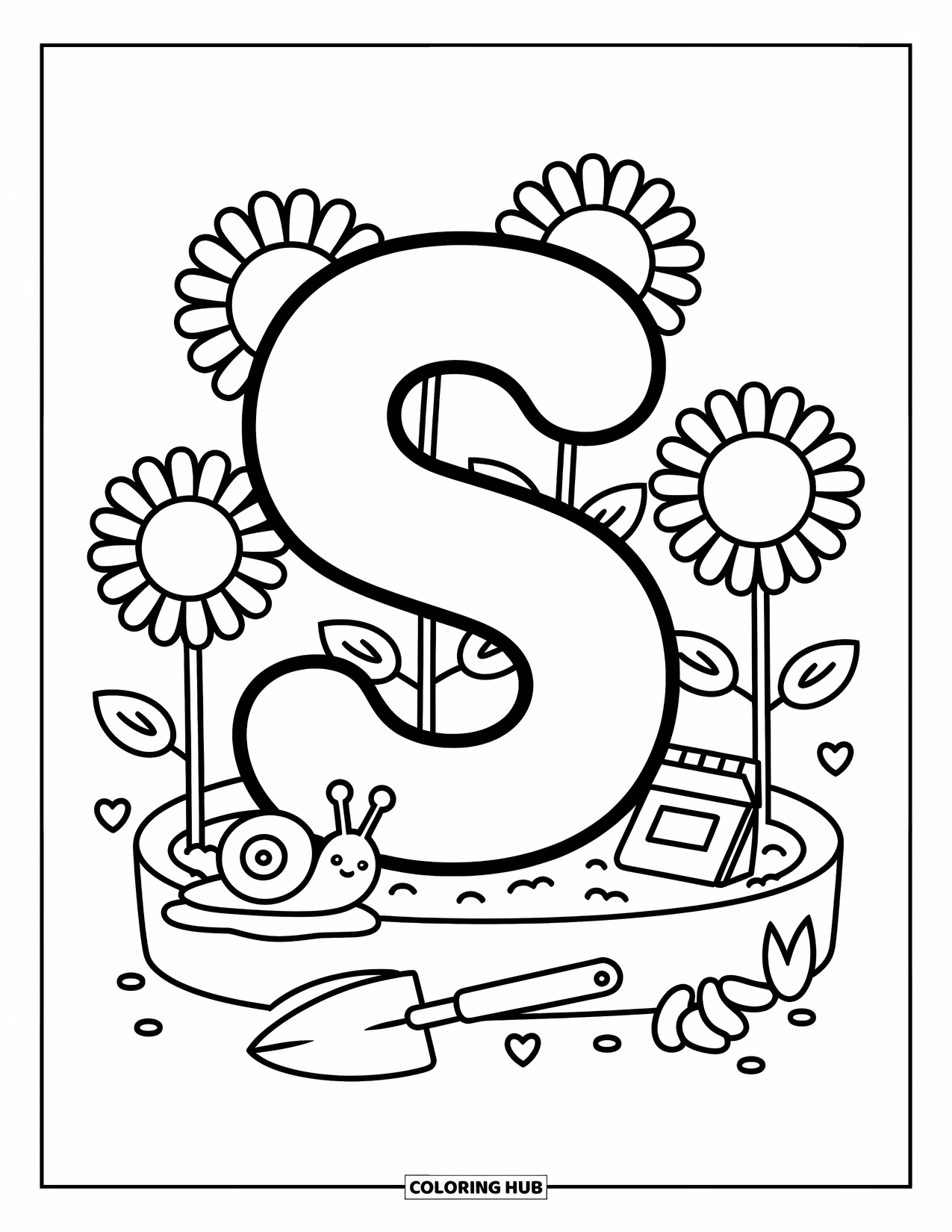 Letter S Coloring Page for Adults: A garden ìSî surrounded by smiling sunflowers, a snail, shovel, and a seed packet