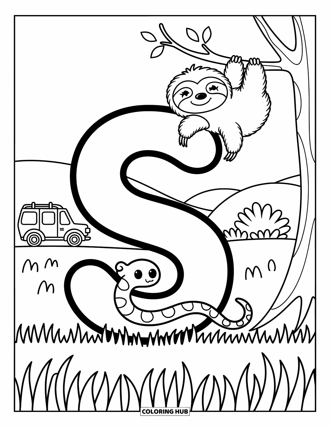 Letter S Coloring Page for Adults: A grassy ìSî with a looping snake and a sloth hanging nearby