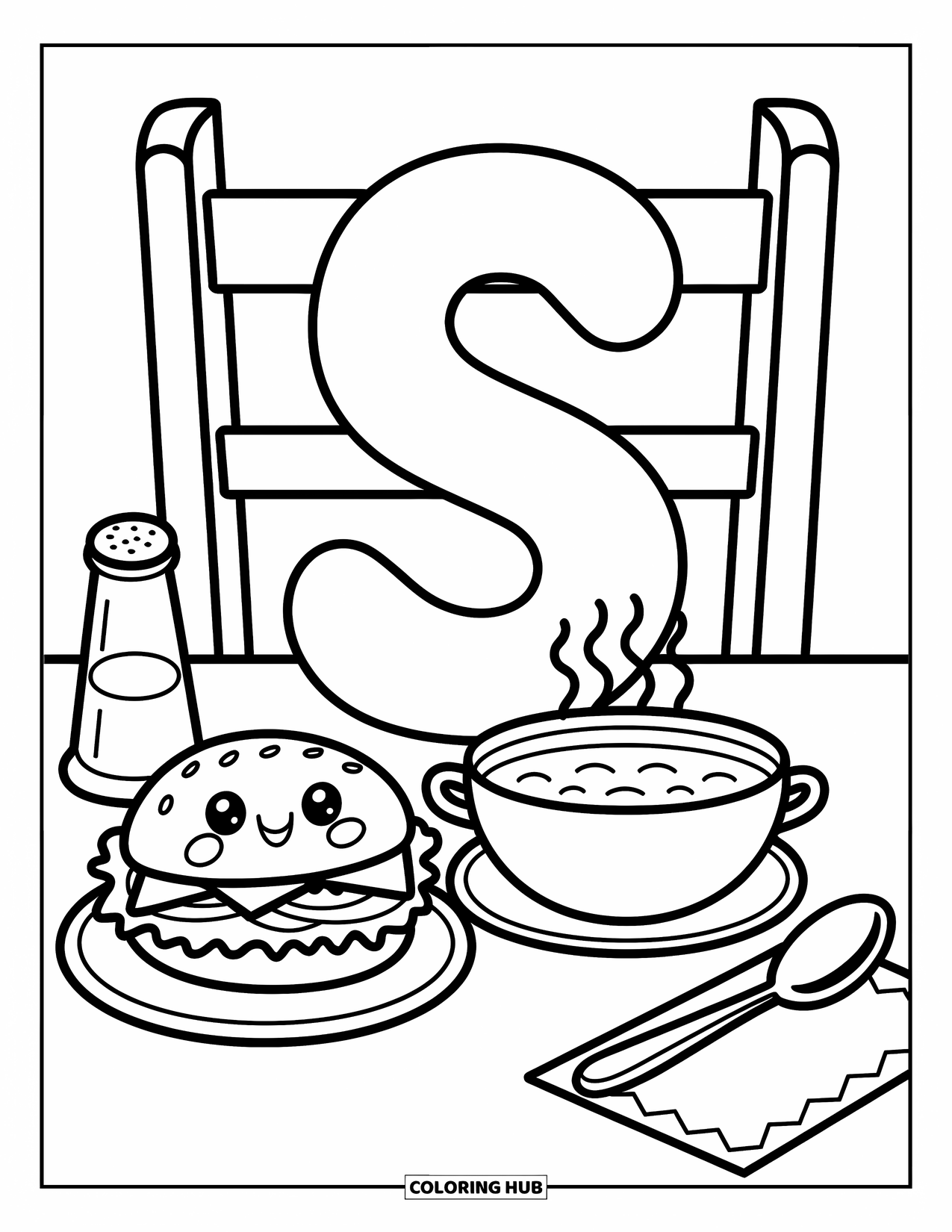 Letter S Coloring Page for Adults: A playful meal scene with letter ìS,î soup, sandwich, and cute little extras