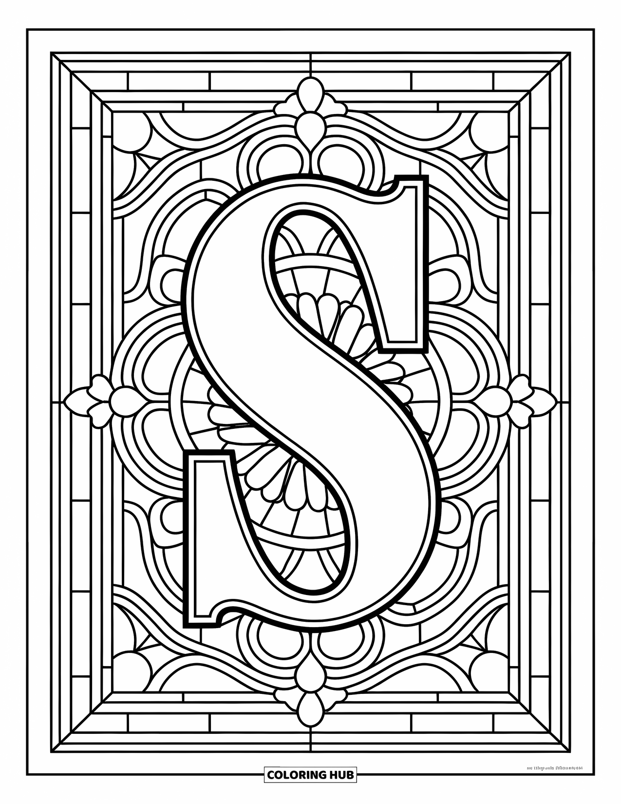 Letter S Coloring Page for Adults: A sharp "S" is framed by geometric stained glass window patterns
