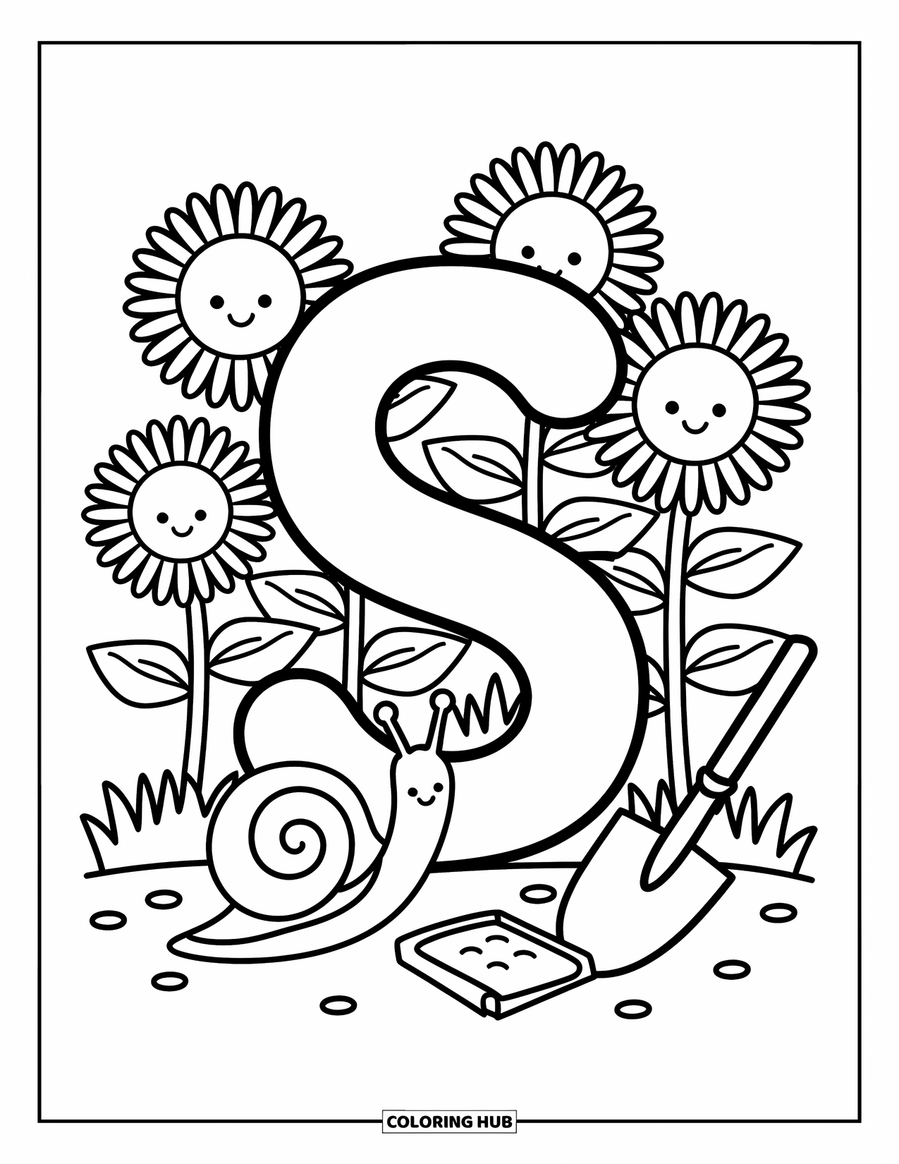 Letter S Coloring Page for Adults: A sunny garden ìSî with playful sunflowers, a snail, and a seed packet nearby