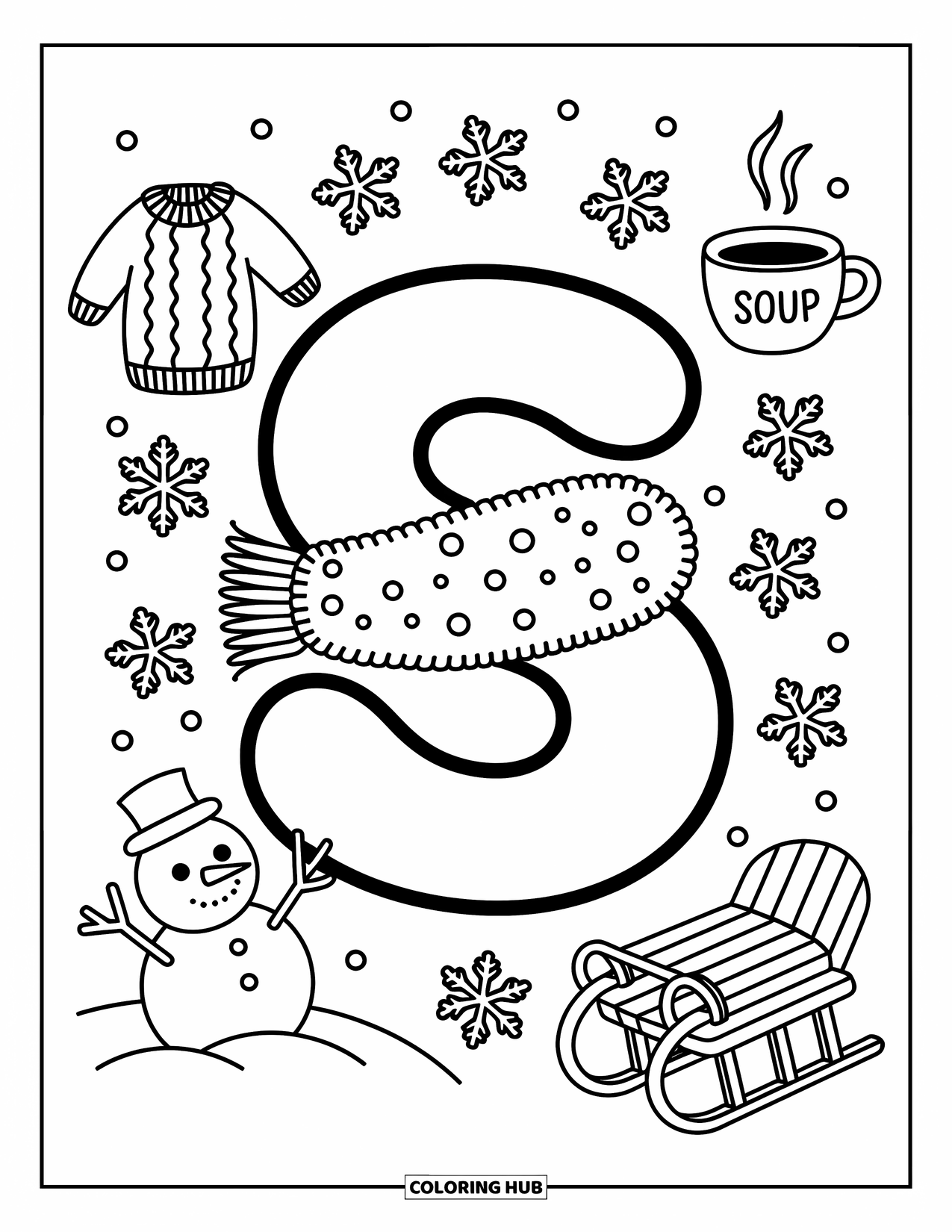 Letter S Coloring Page for Adults: A winter ìSî with scarf, sled, snowman, and a warm cup of soup