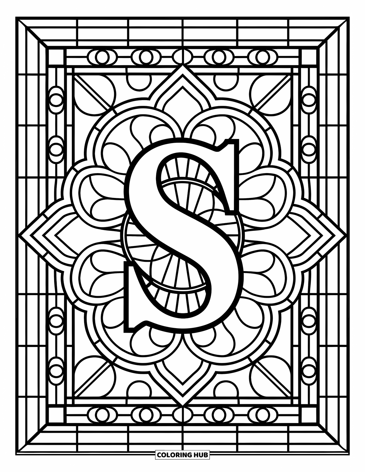 Letter S Coloring Page for Adults: An angular "S" sits inside a detailed stained glass window design