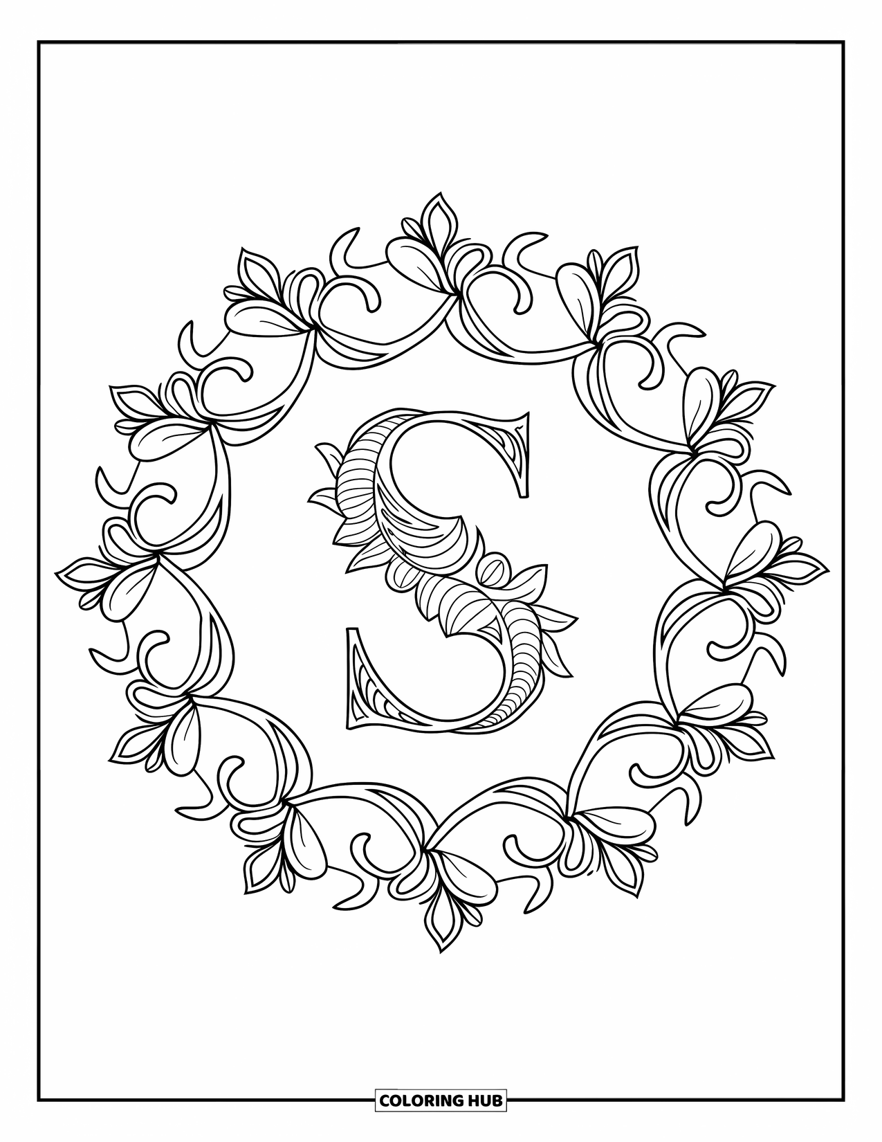 Letter S Coloring Page for Adults: An ornate "S" is framed by a floral mandala with bold spirals and petal shapes