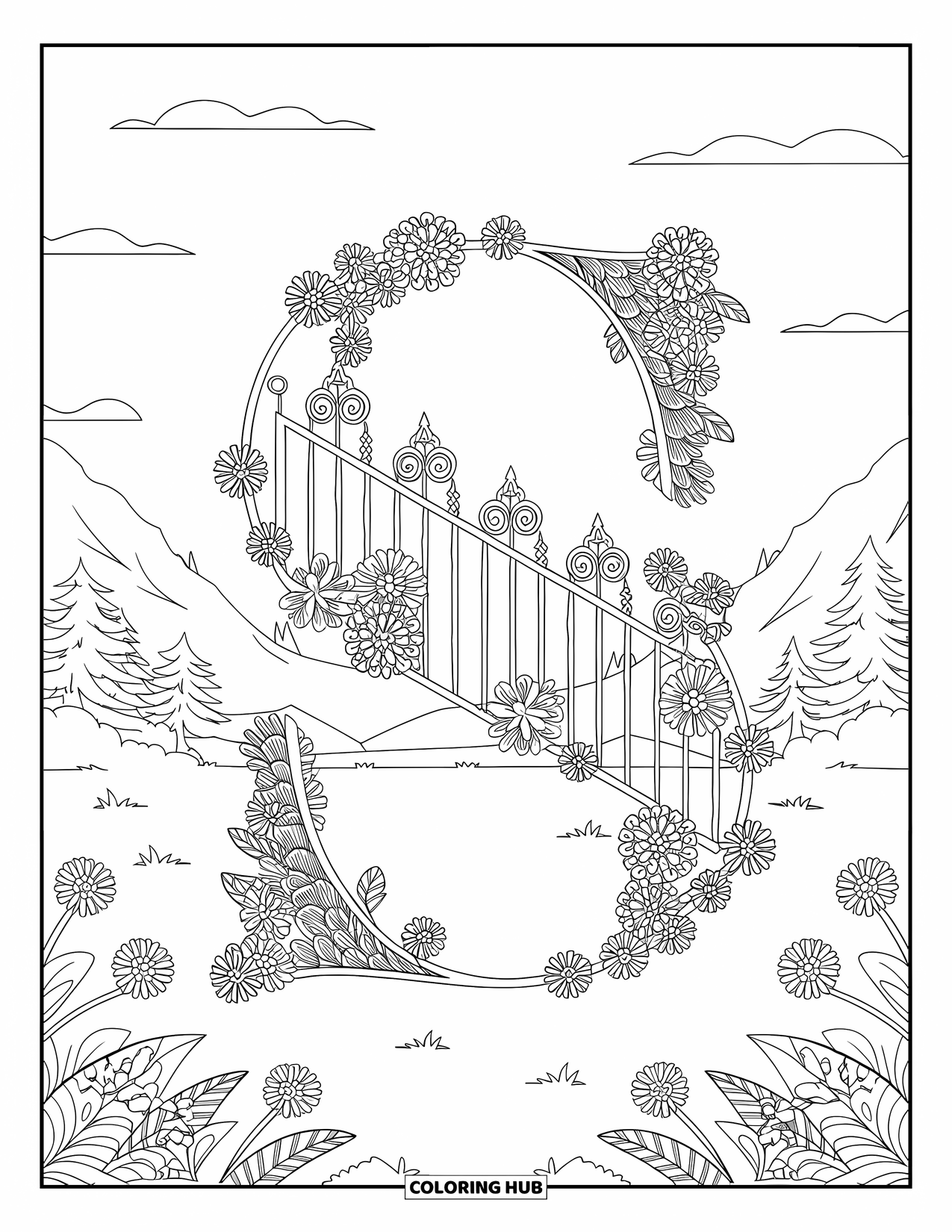 Letter S Coloring Page for Adults: An ornate "S" of gates and vines in a peaceful outdoor setting