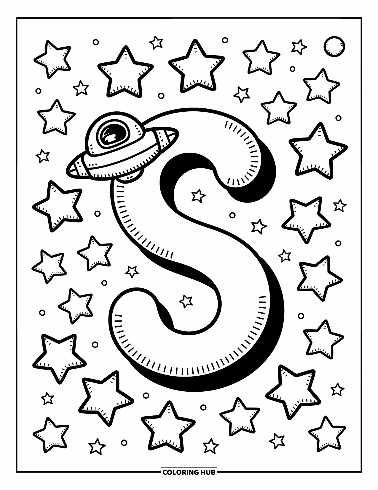 Letter S Coloring Page for Adults: An outer space ìSî with stars, planets, and a little spaceship nearby