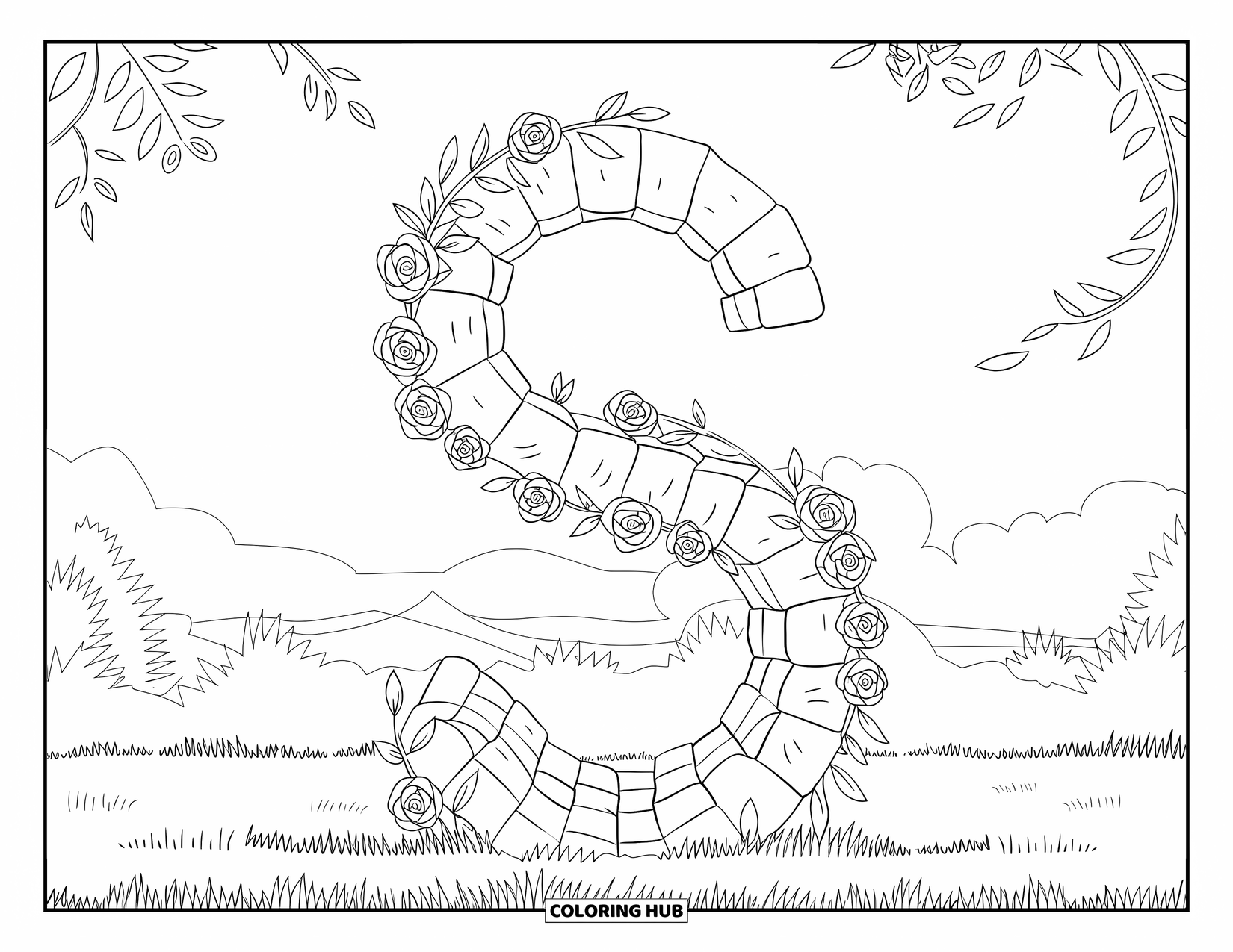 Letter S Coloring Page for Adults: An S-shaped garden structure wrapped in rose vines near a mountain landscape