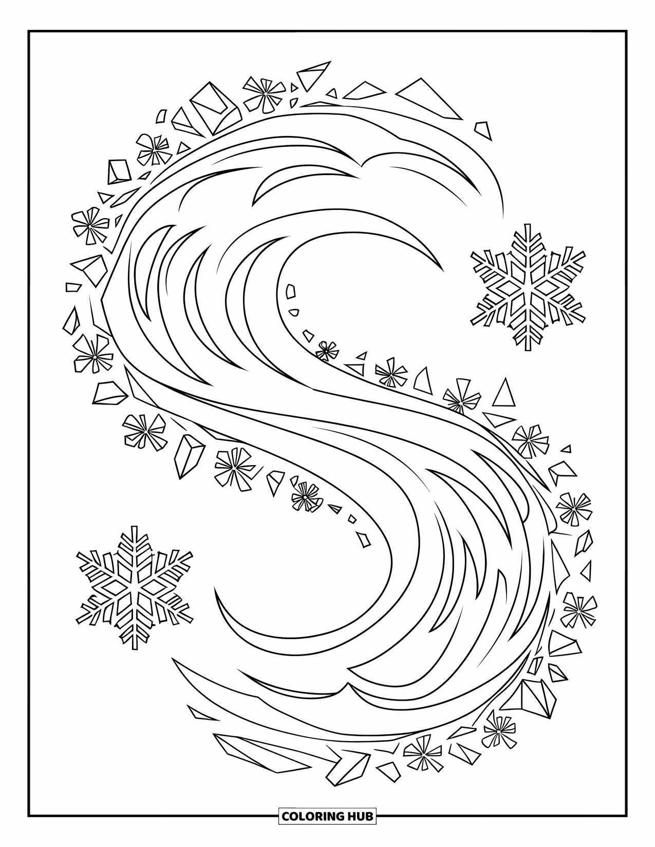 Letter S Coloring Page for Adults: An S-shaped path winds through a circle of snowflakes and icy swirls