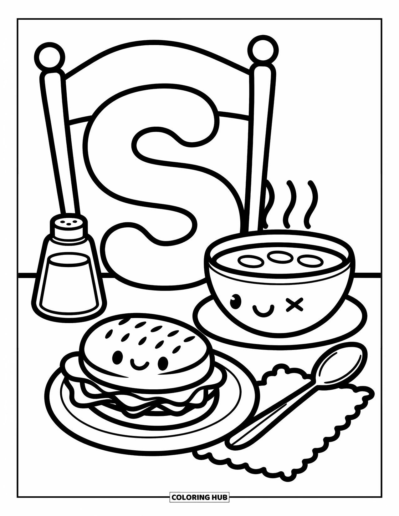 Letter S Coloring Page for Adults: Letter ìSî forms a chair in a cozy meal scene with sandwich, soup, and spoon