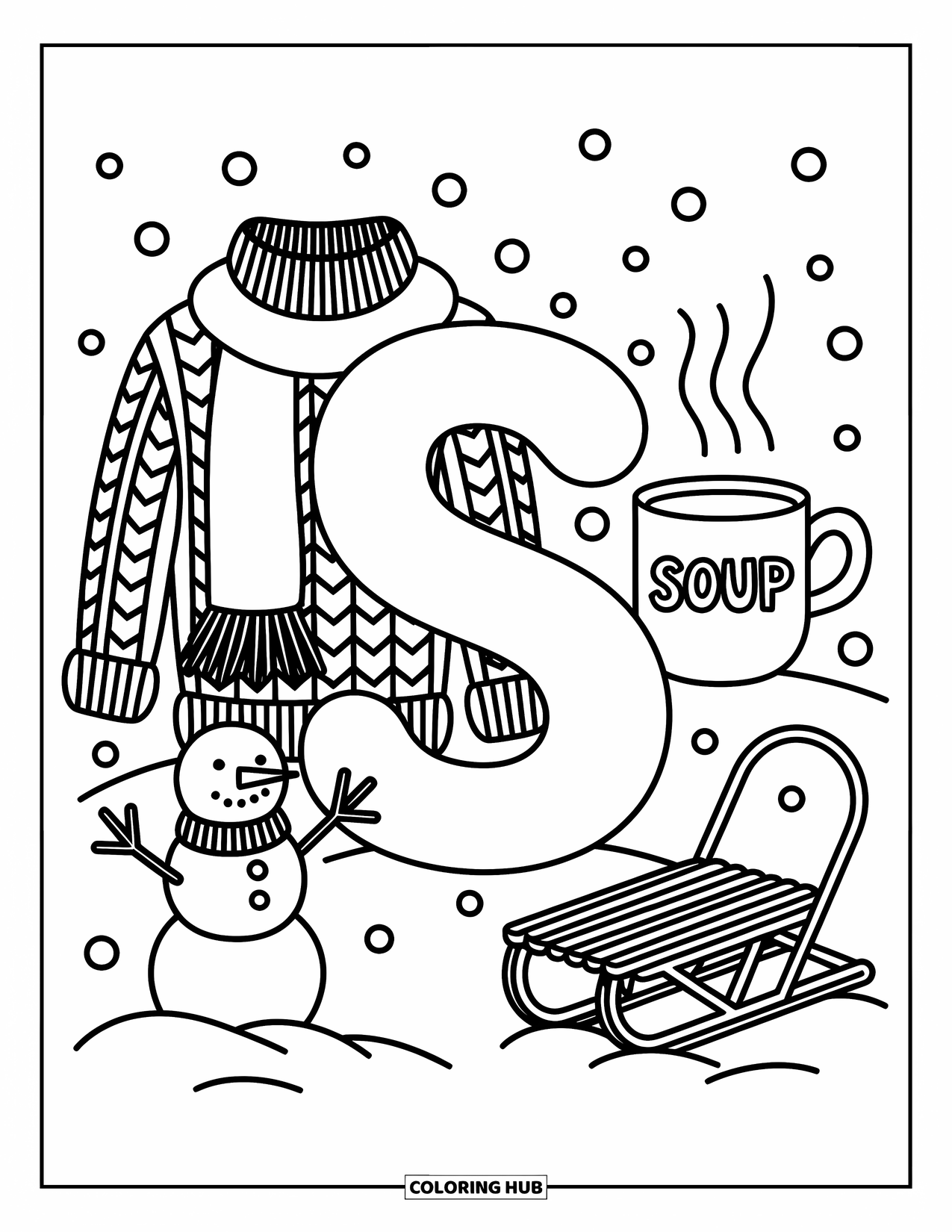 Letter S Coloring Page for Adults: Letter ìSî is bundled up with a snowman, sled, and a cup of warm soup