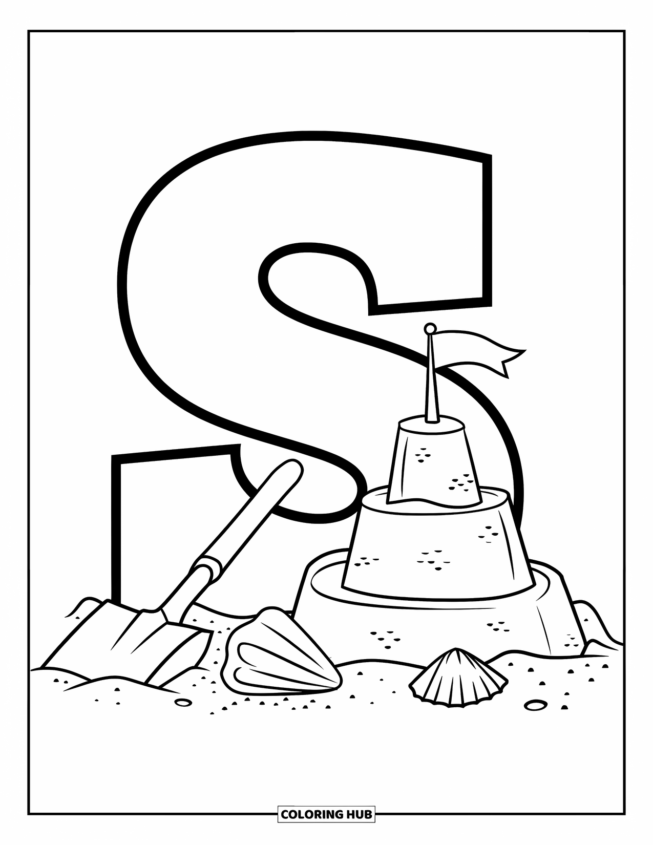 Letter S Coloring Page for Kids: A big "S" stands near a sandcastle, a shovel, and a few seashells