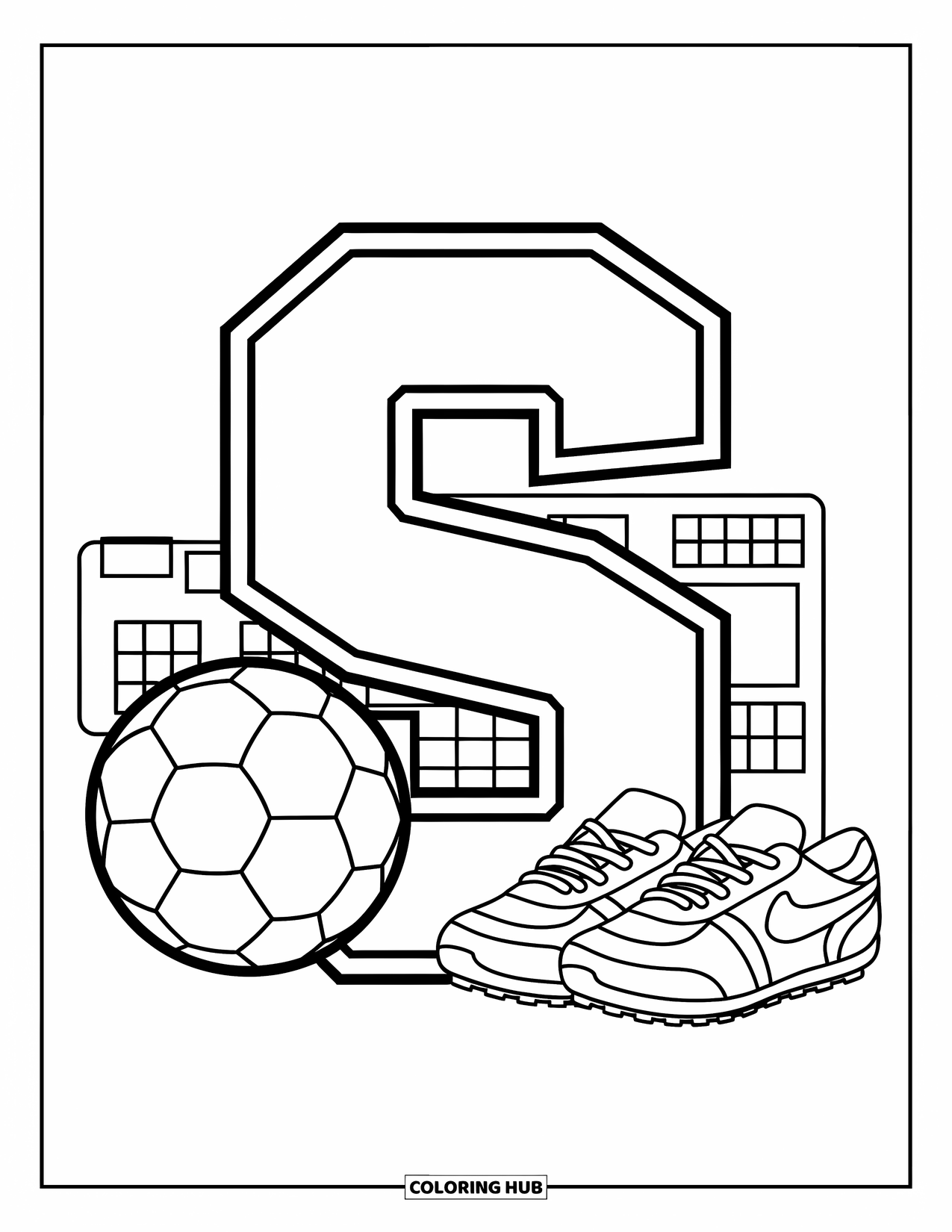 Letter S Coloring Page for Kids: A bold "S" surrounded by a soccer ball, scoreboard, and sporty sneakers