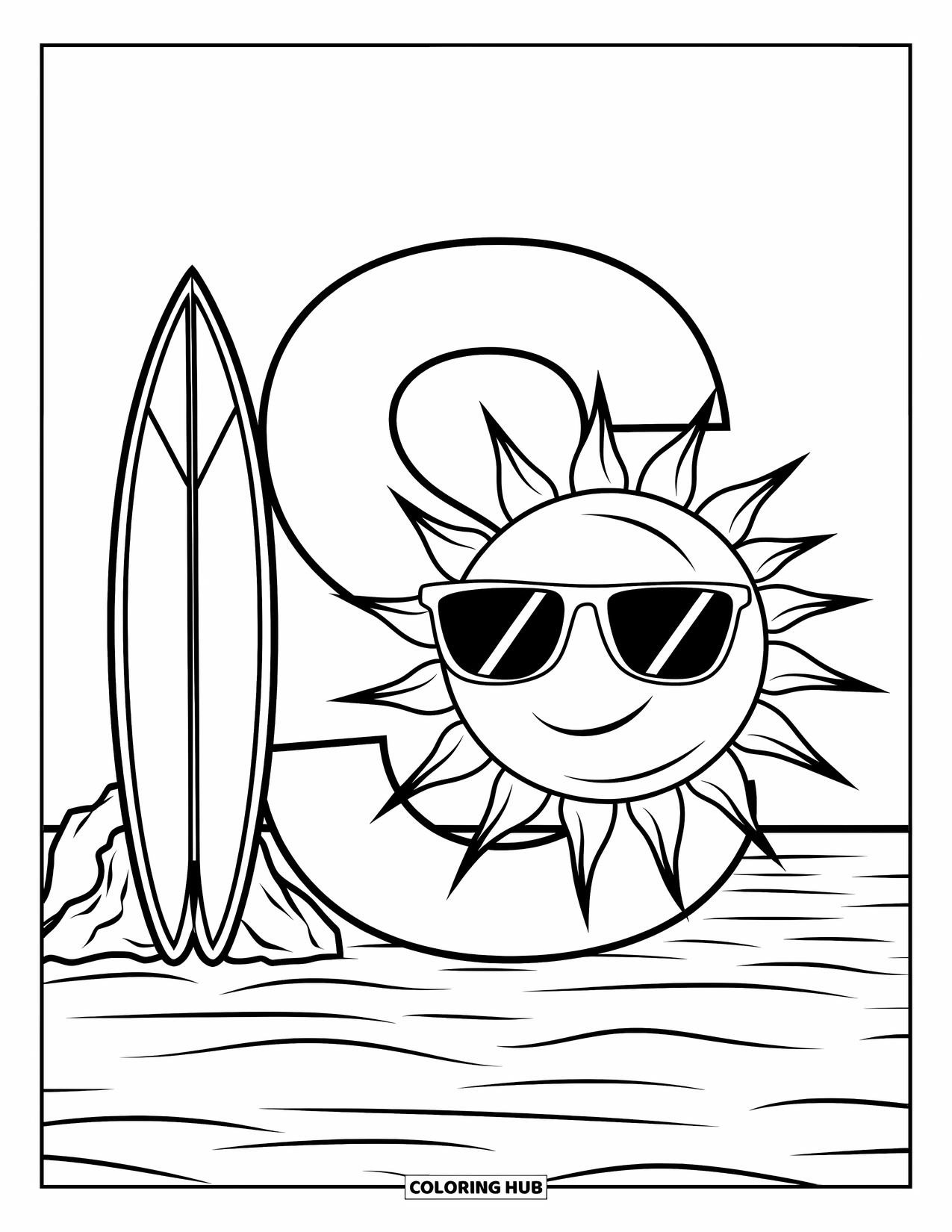 Letter S Coloring Page for Kids: A cheerful sun with sunglasses leans beside a surfboard and a big "S"