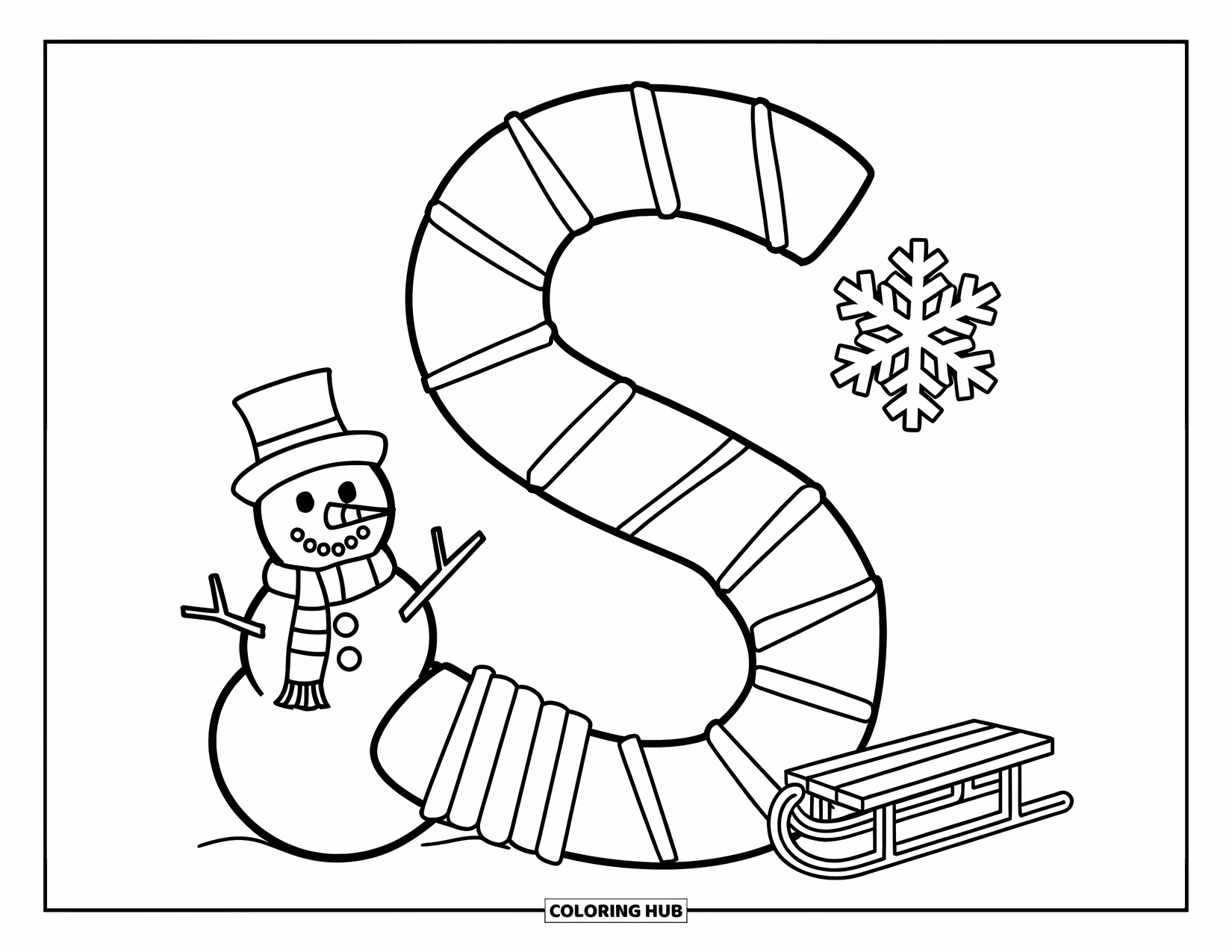 Letter S Coloring Page for Kids: A fun "S" shaped design with snowman, scarf, sled, and snowflake details