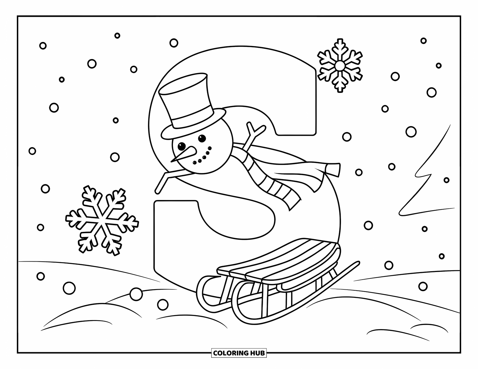 Letter S Coloring Page for Kids: A large "S" with a snowman, snowflake, sled, and scarf in snow