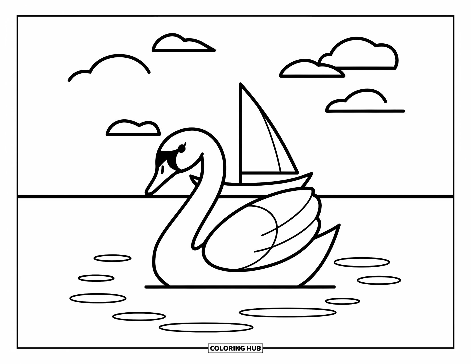 Letter S Coloring Page for Kids: A peaceful swan with a sailboat behind floats under a cloudy sky
