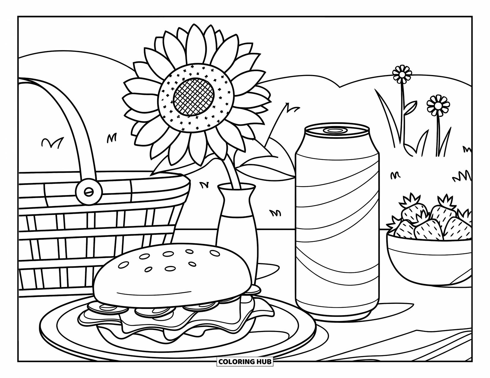 Letter S Coloring Page for Kids: A picnic scene with snacks, a soda, and a sunflower in a vase