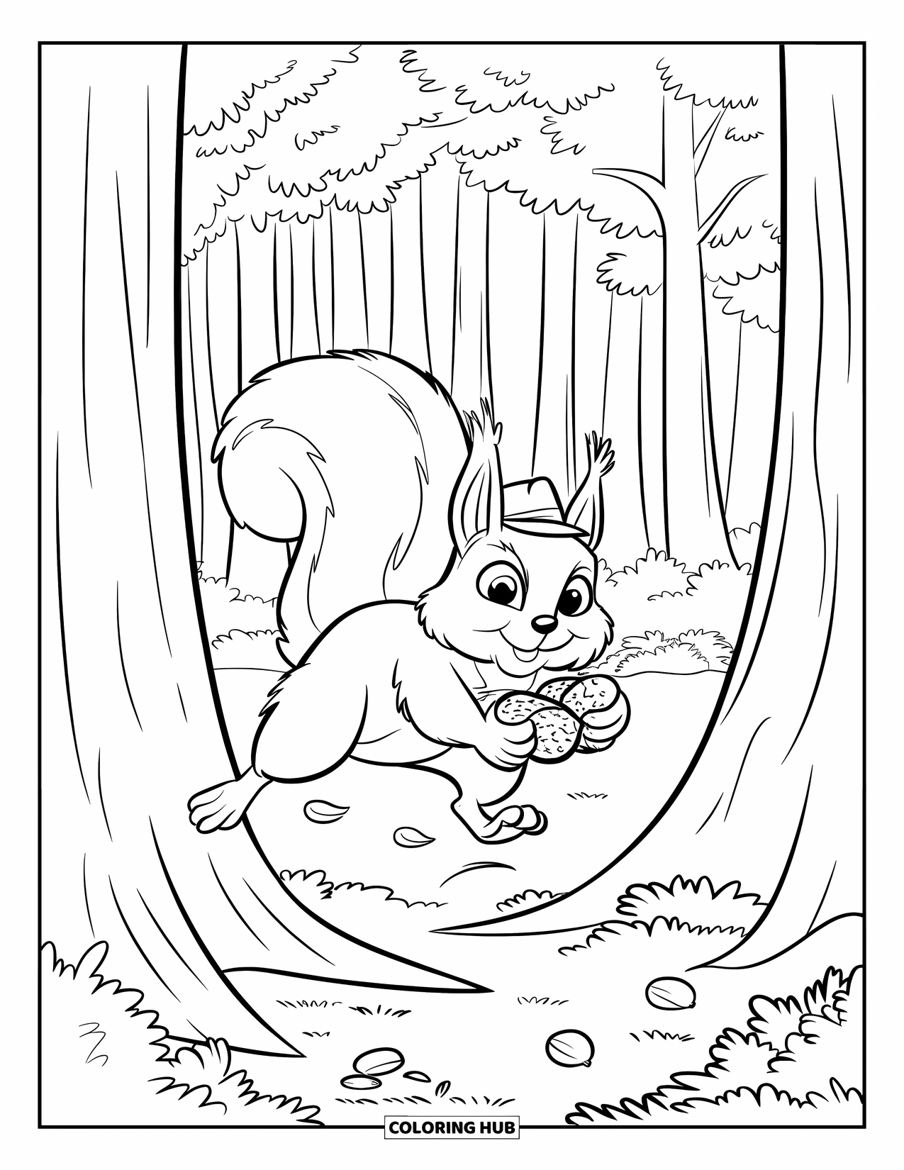 Letter S Coloring Page for Kids: A playful squirrel in a hat jumps through a forest with leaves and nuts