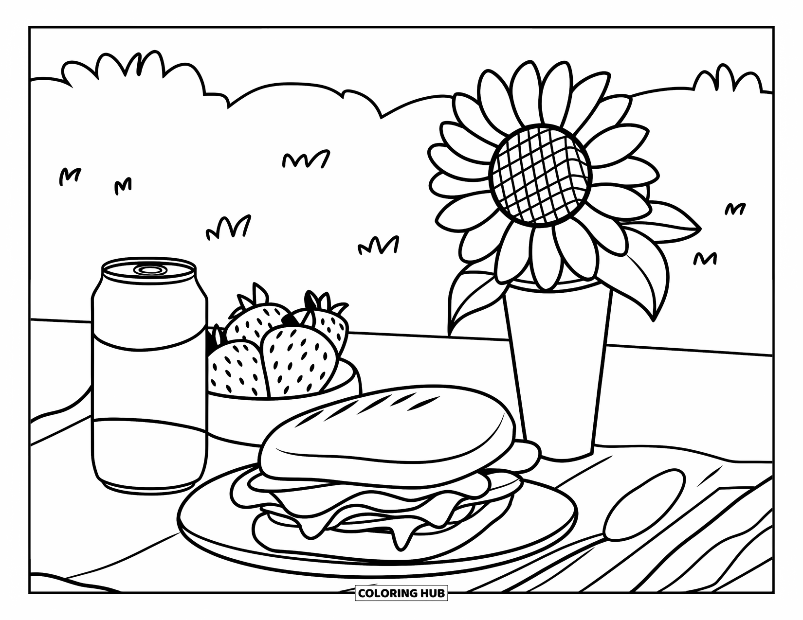 Letter S Coloring Page for Kids: A relaxing picnic with snacks, a soda, and a sunflower in a vase