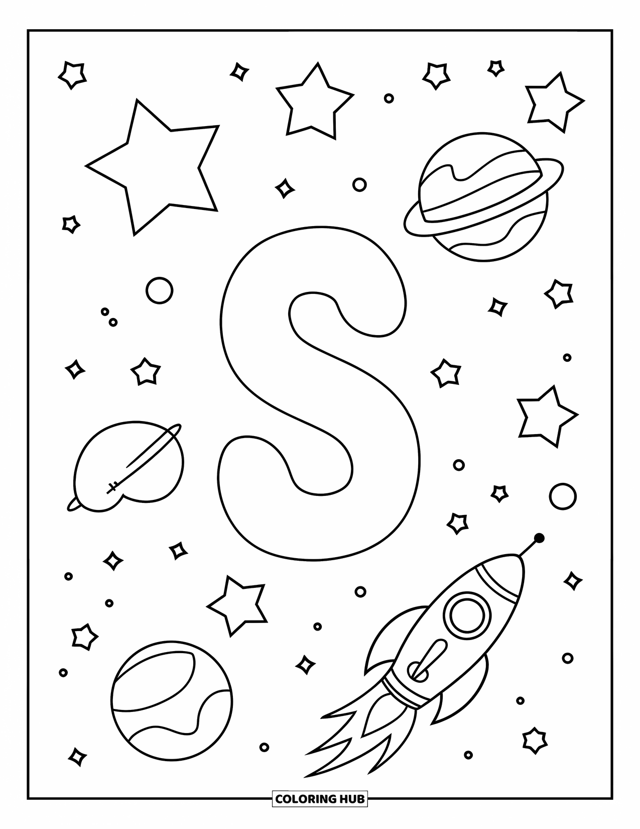 Letter S Coloring Page for Kids: A rocket ship and planets orbit a big "S" with playful stars