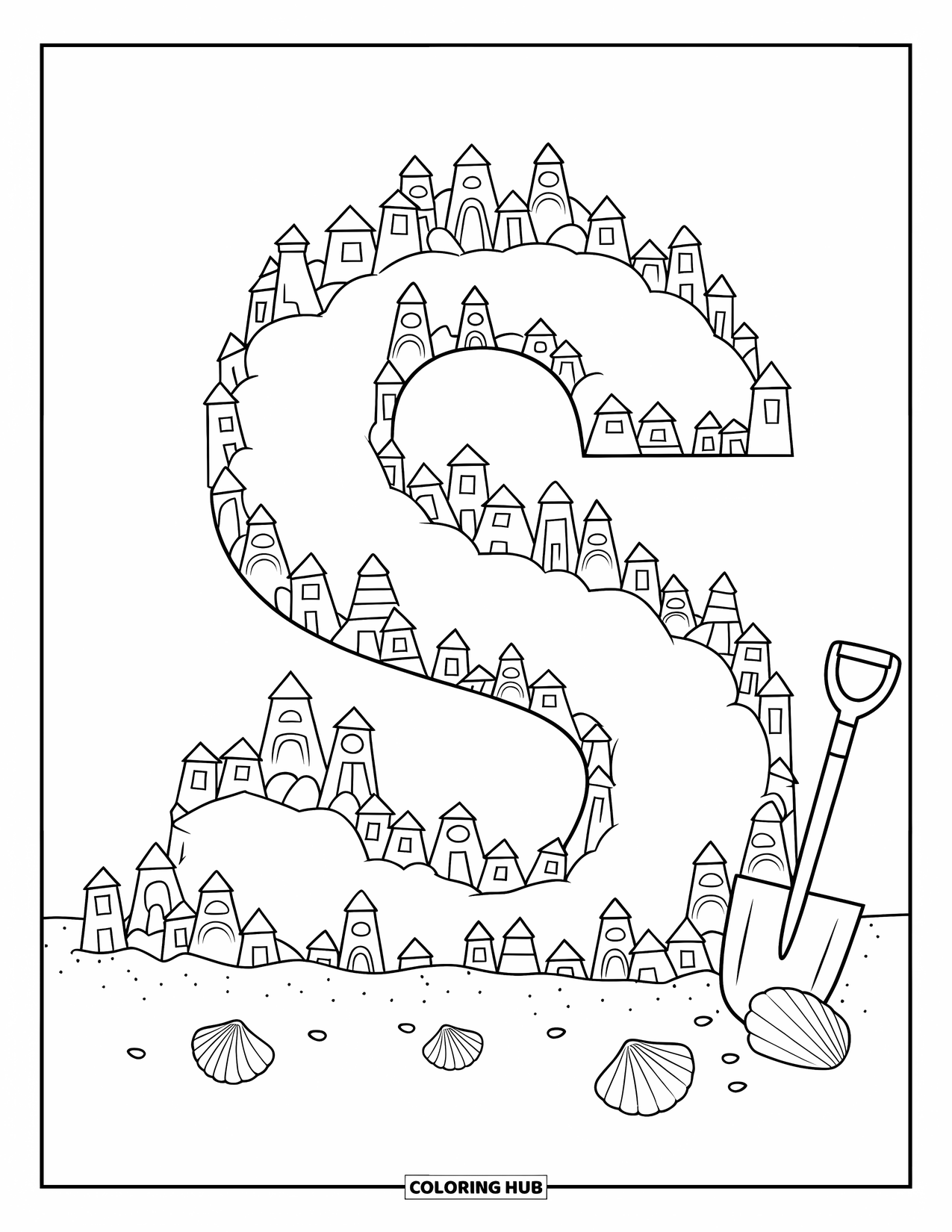 Letter S Coloring Page for Kids: A sandcastle-shaped "S" with a shovel and scattered seashells