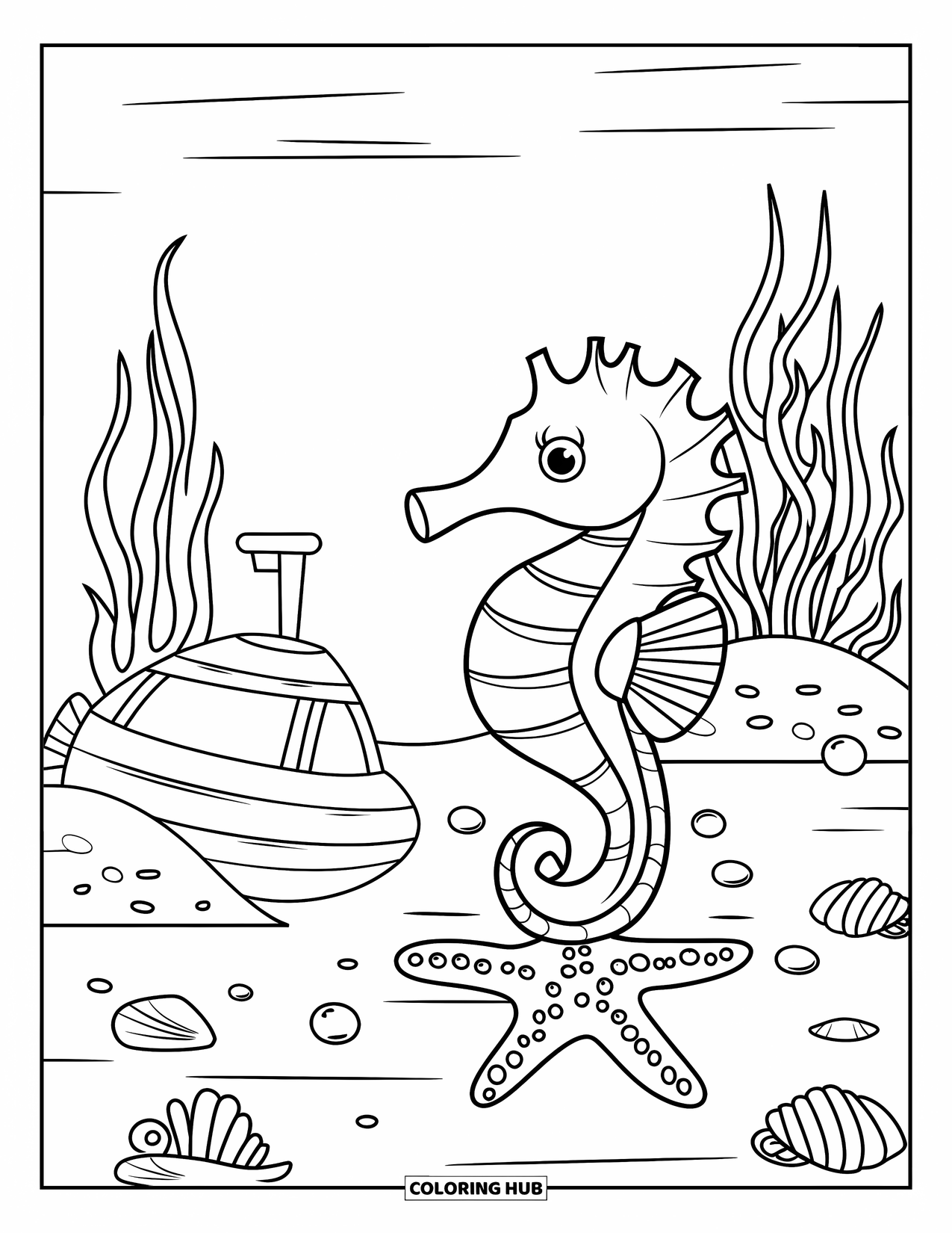 Letter S Coloring Page for Kids: A seahorse, starfish, and submarine rest near shells in an underwater scene