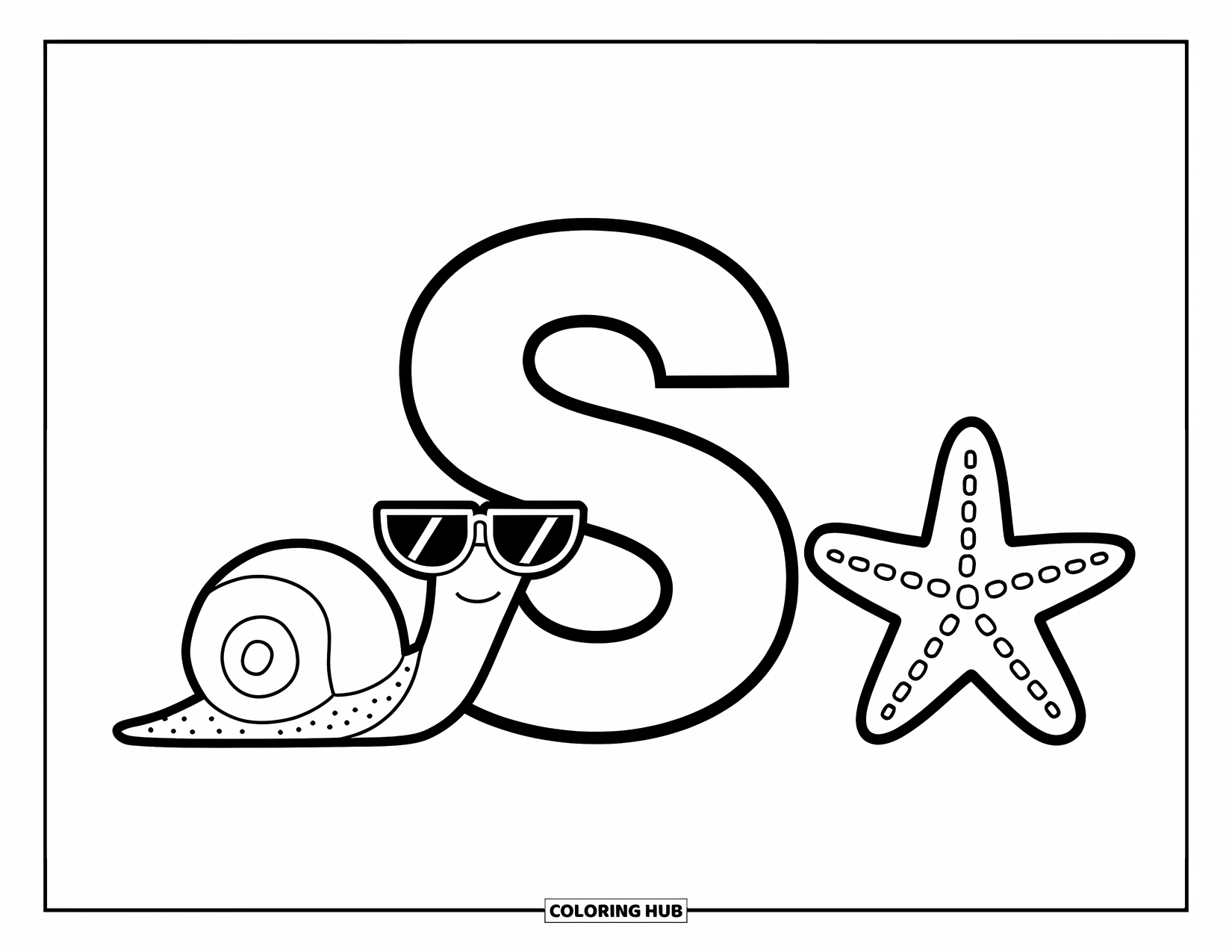 Letter S Coloring Page for Kids: A snail with shades and a starfish smile beside big "S" and little "s"