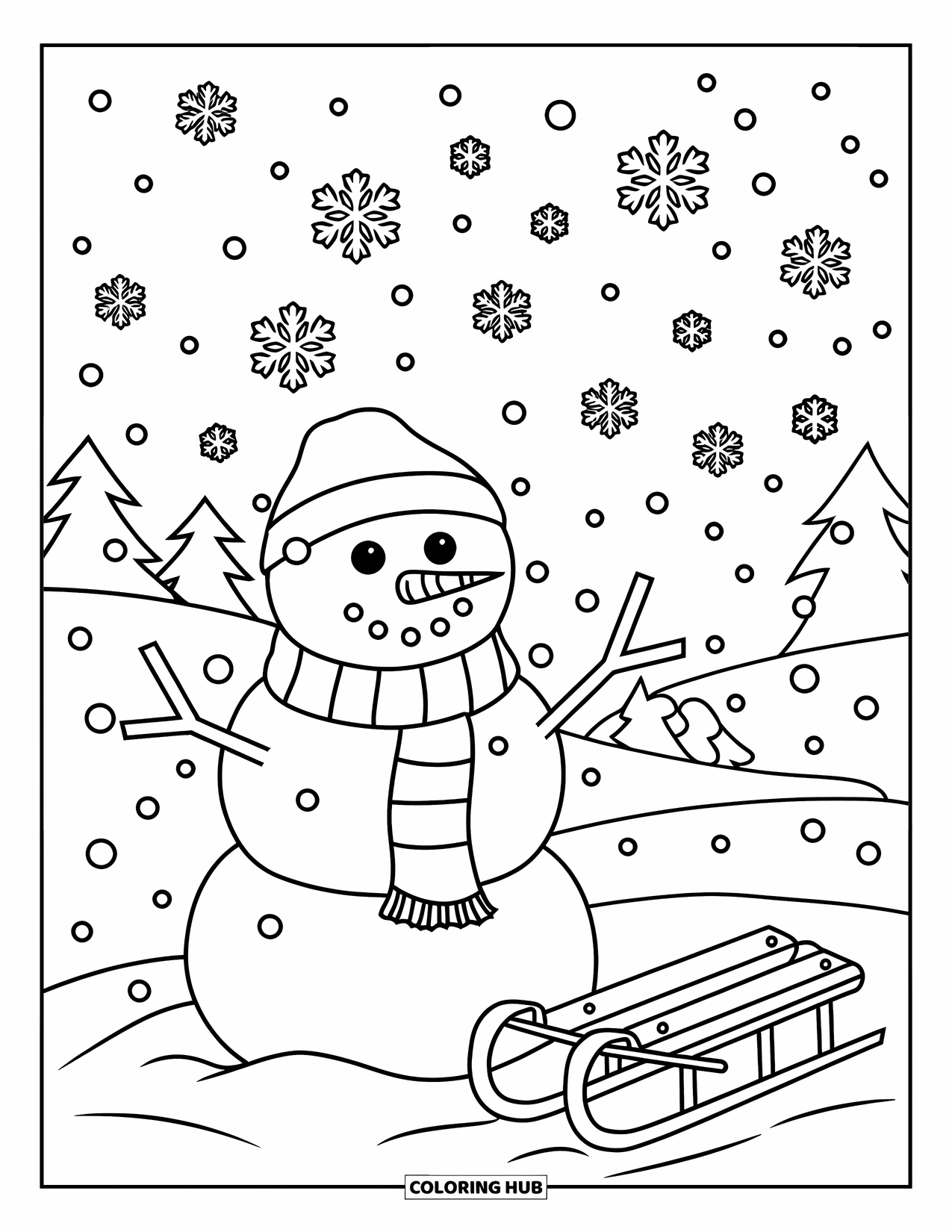 Letter S Coloring Page for Kids: A snowman with scarf and sled enjoys falling snow in a wintery scene
