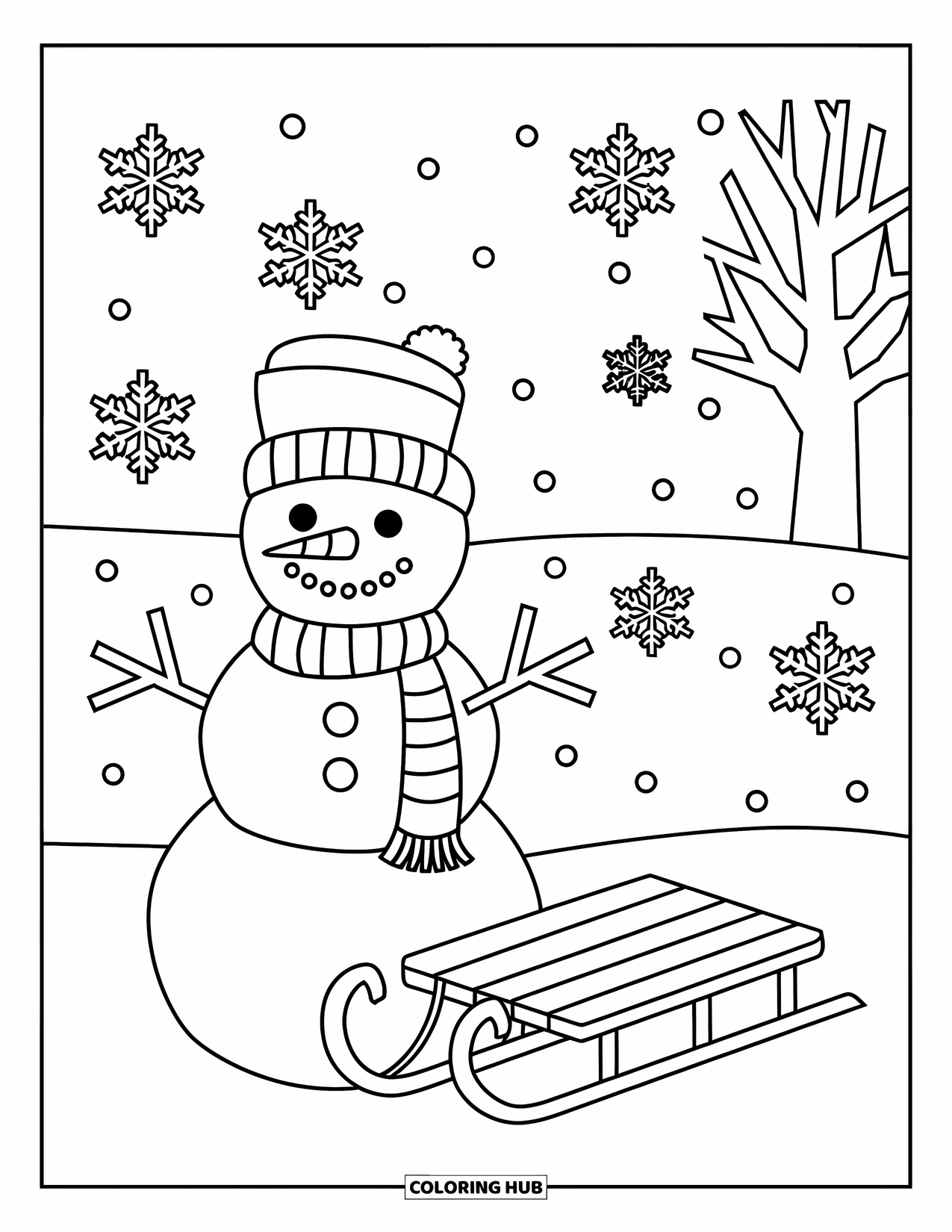 Letter S Coloring Page for Kids: A snowman with sled and scarf stands under falling snow near a tree