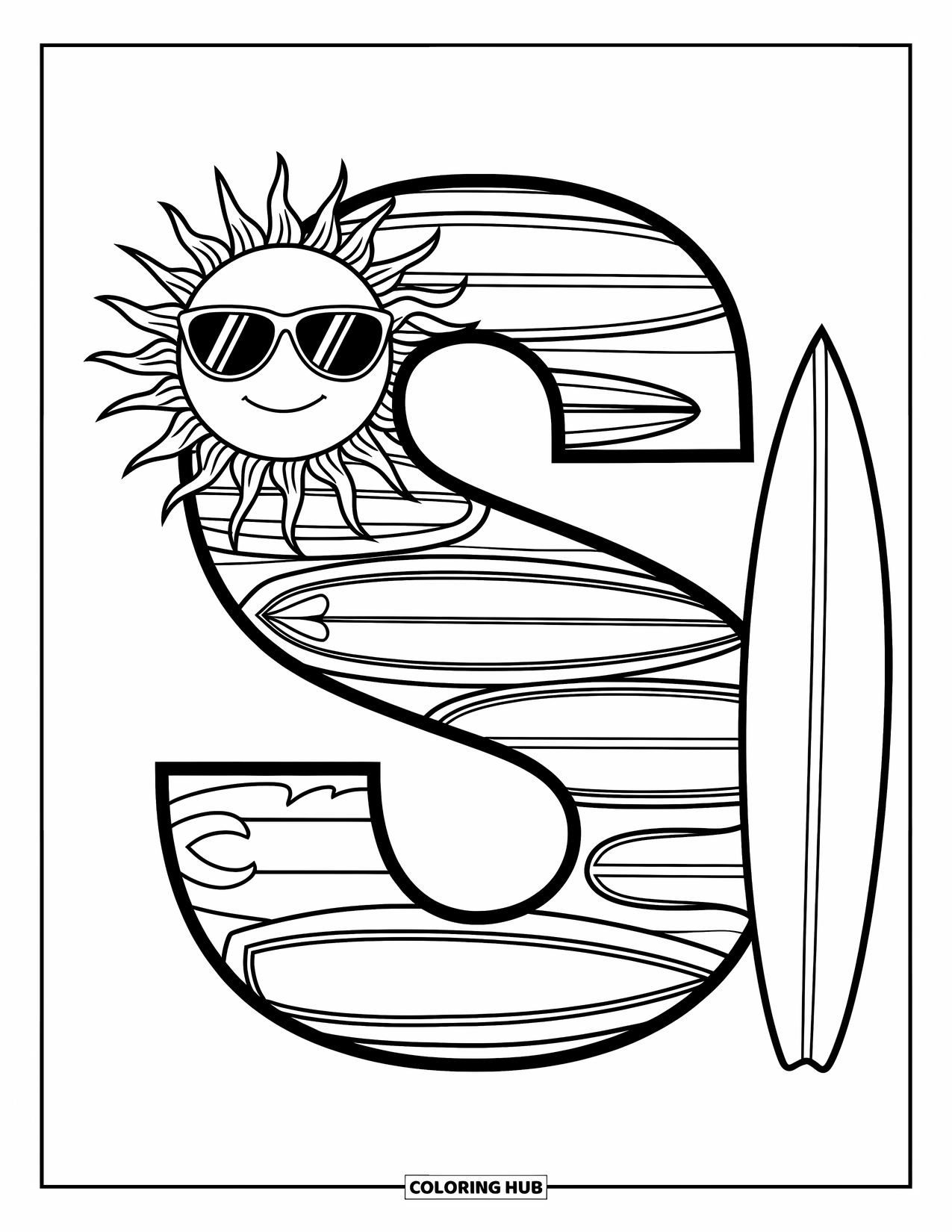 Letter S Coloring Page for Kids: A sunny "S" with sunglasses and a surfboard standing nearby