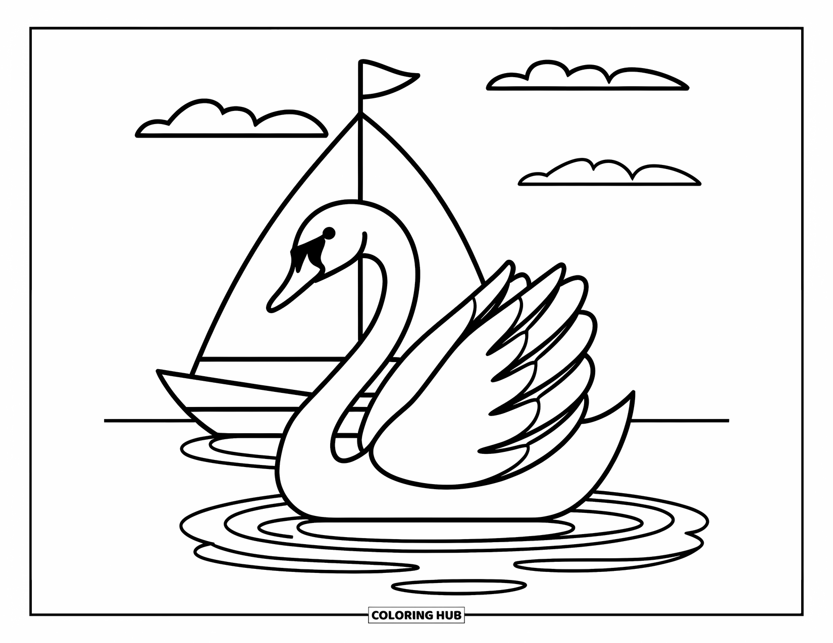 Letter S Coloring Page for Kids: A swan floats on a pond with a sailboat and soft clouds above