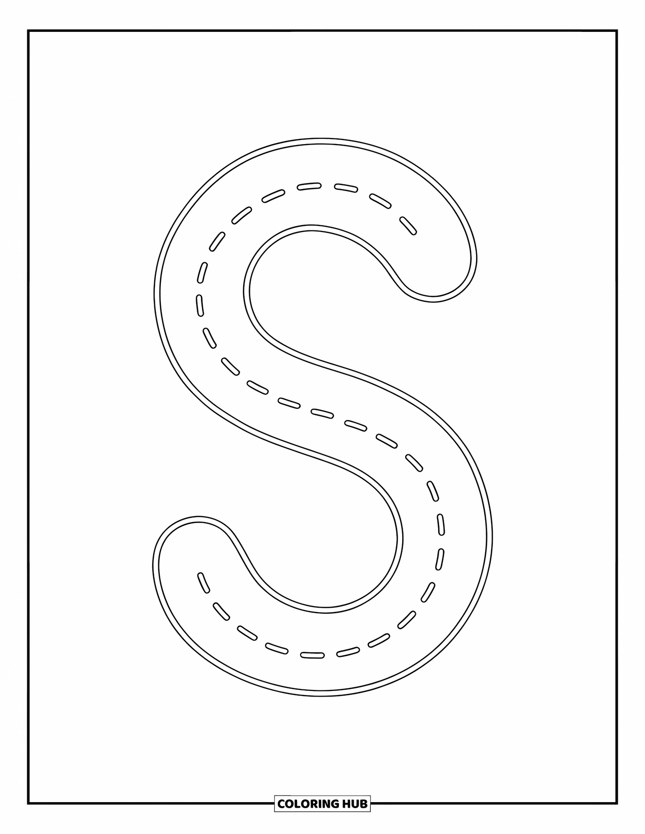 Letter S Coloring Page for Kids: A tiny lowercase "s" in dotted lines for early writing skills
