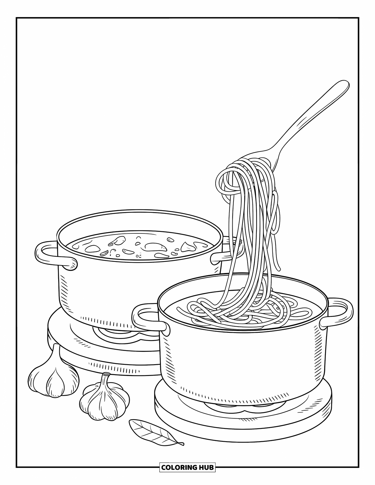 Letter S Coloring Page for Kids: Spaghetti drapes over a spoon near simmering soup and cooking herbs