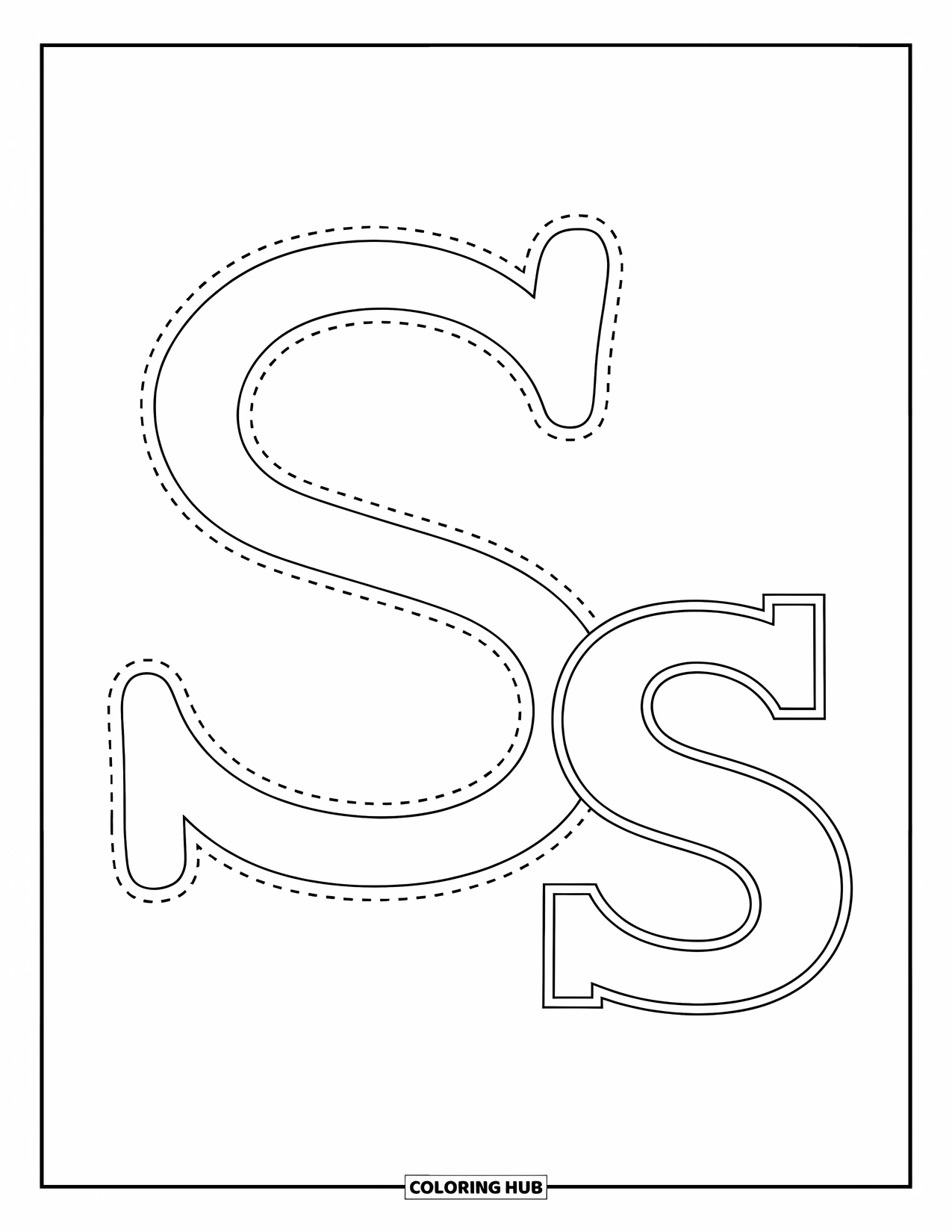 Letter S Coloring Page for Kids: Uppercase and lowercase "S" with dotted lines for tracing fun
