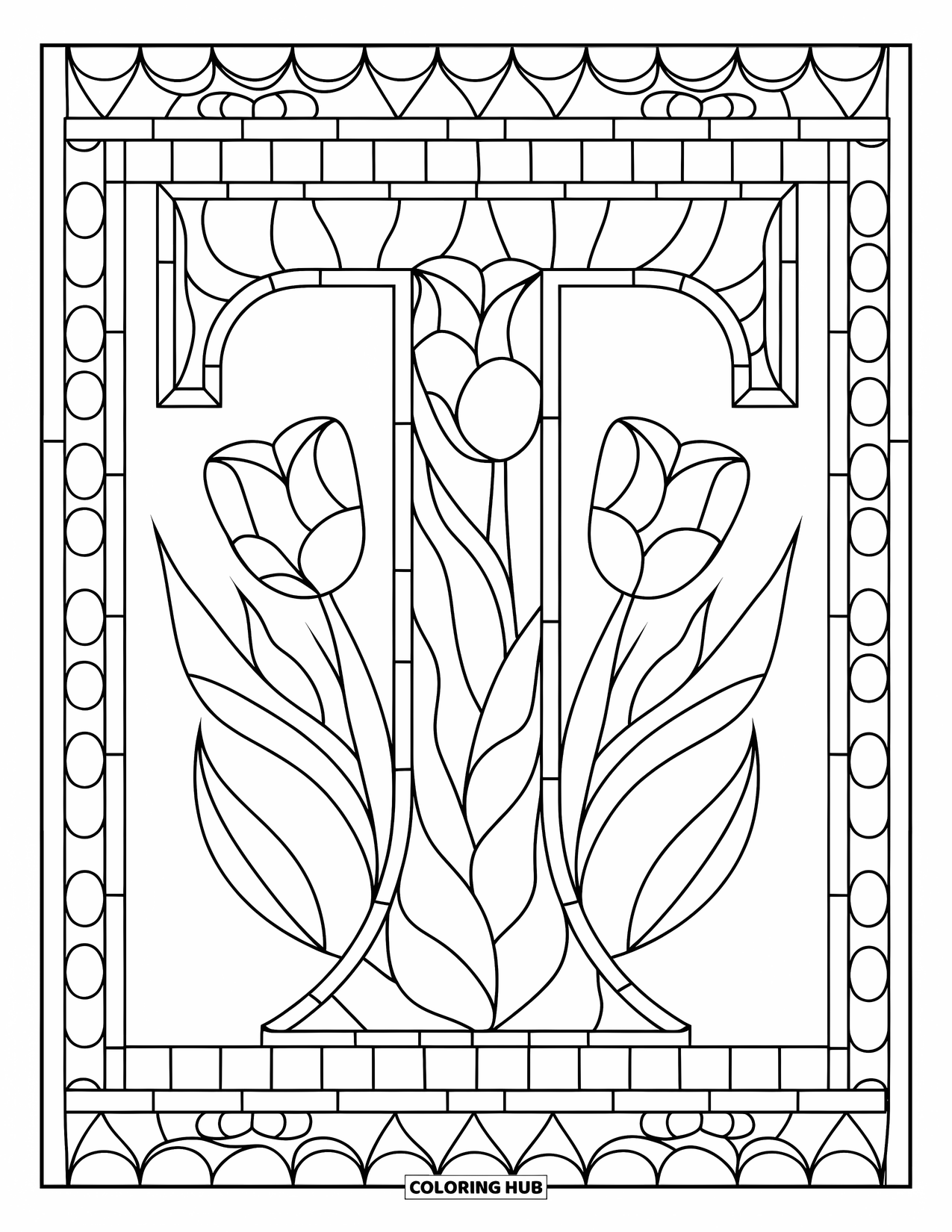 Letter T Coloring Page for Adults: A bold T glows inside a stained glass frame of tulips and leaves
