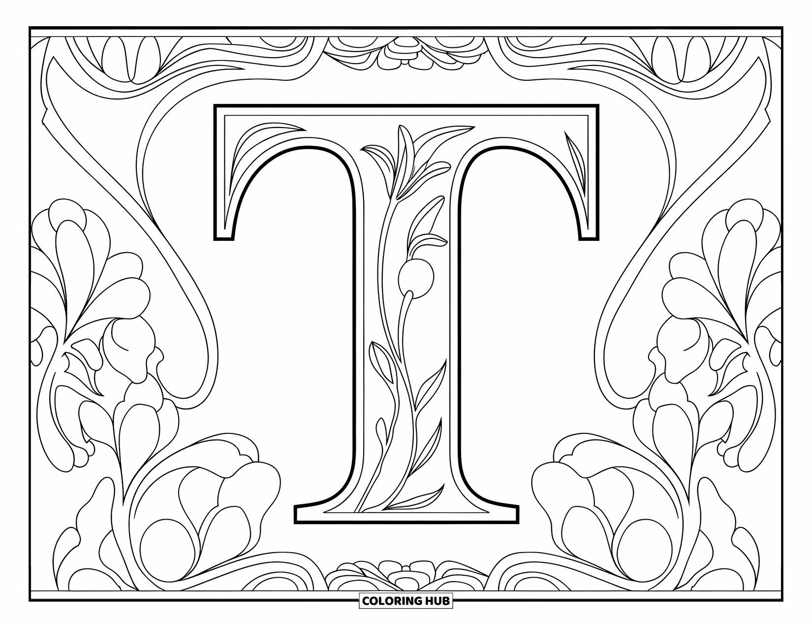 Letter T Coloring Page for Adults: A bold T is surrounded by swirling Art Nouveau-style floral patterns