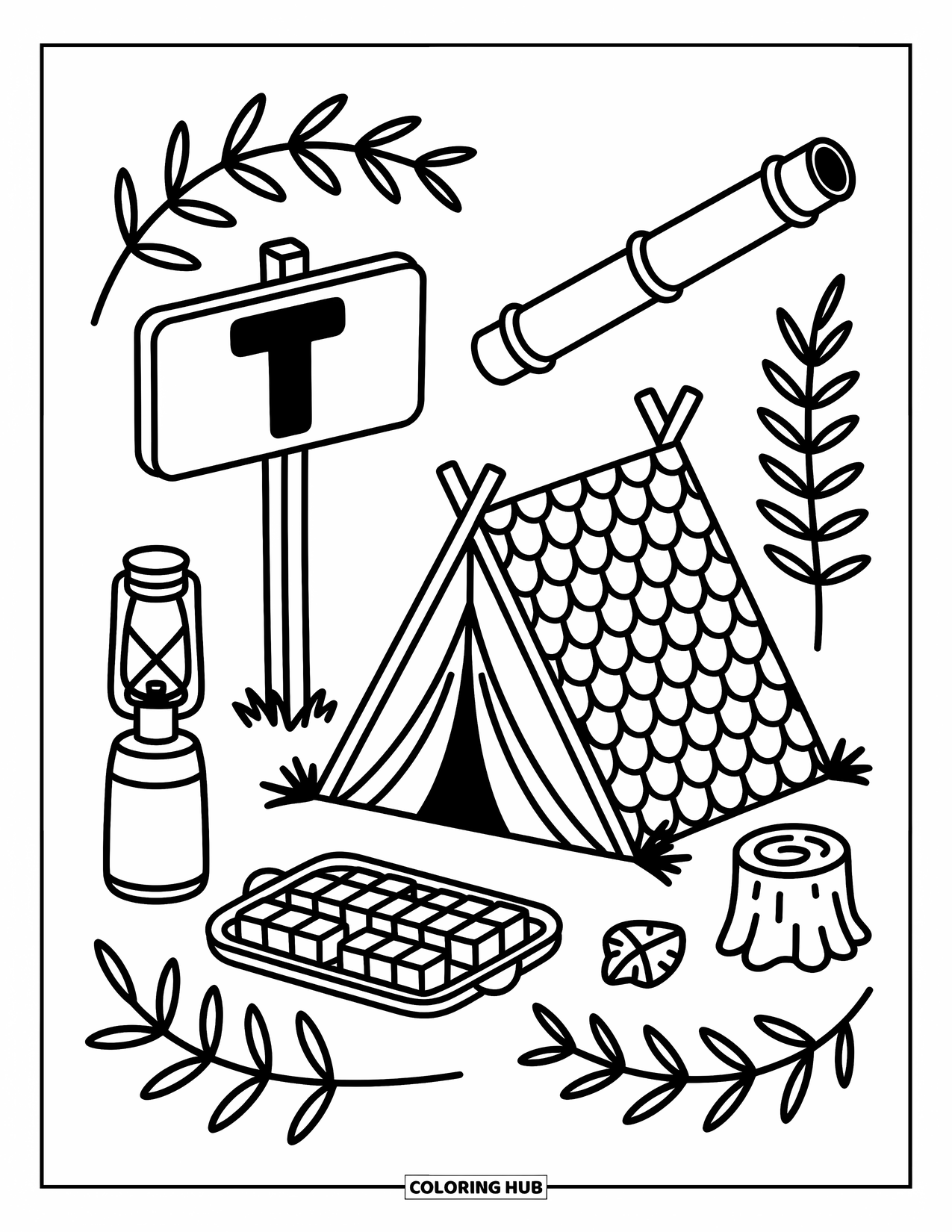 Letter T Coloring Page for Adults: A camping tent, marshmallow tray, and telescope surround T in a forest scene