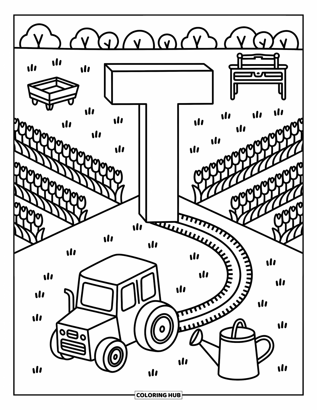 Letter T Coloring Page for Adults: A cute tractor, tulips, and tool rack complete the cozy scene around T