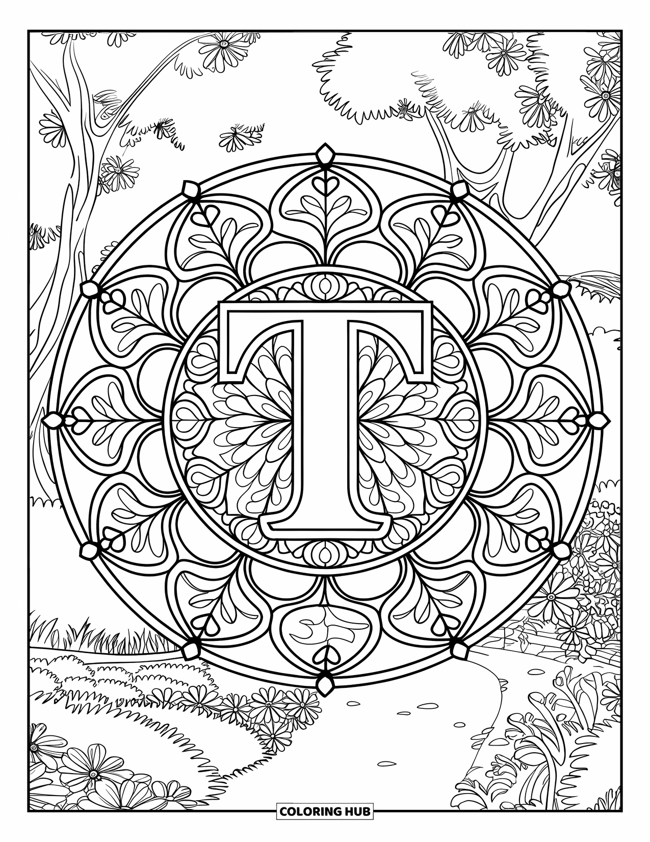 Letter T Coloring Page for Adults: A garden-inspired mandala blooms around a bold letter T