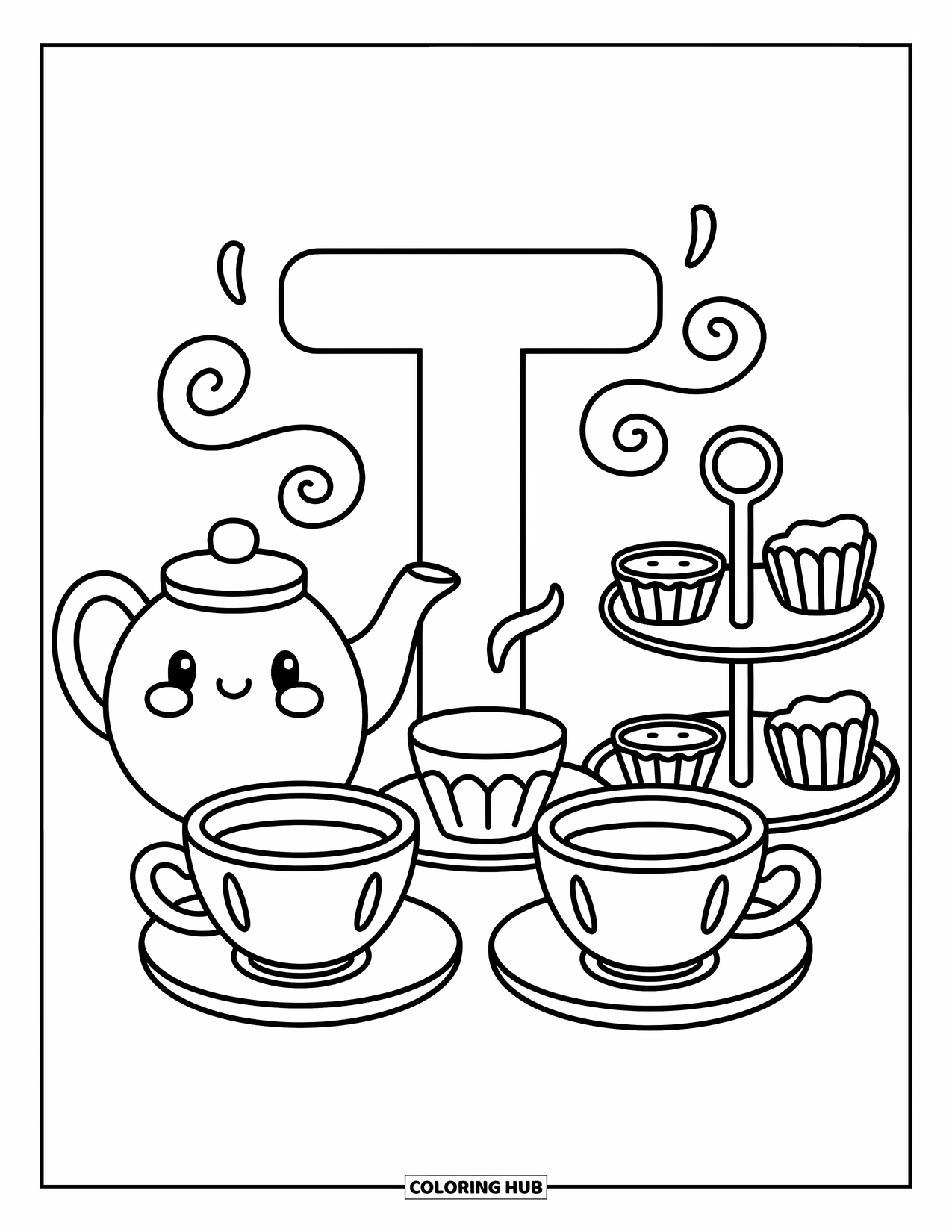 Letter T Coloring Page for Adults: A teapot and treats surround T in a warm tea party scene