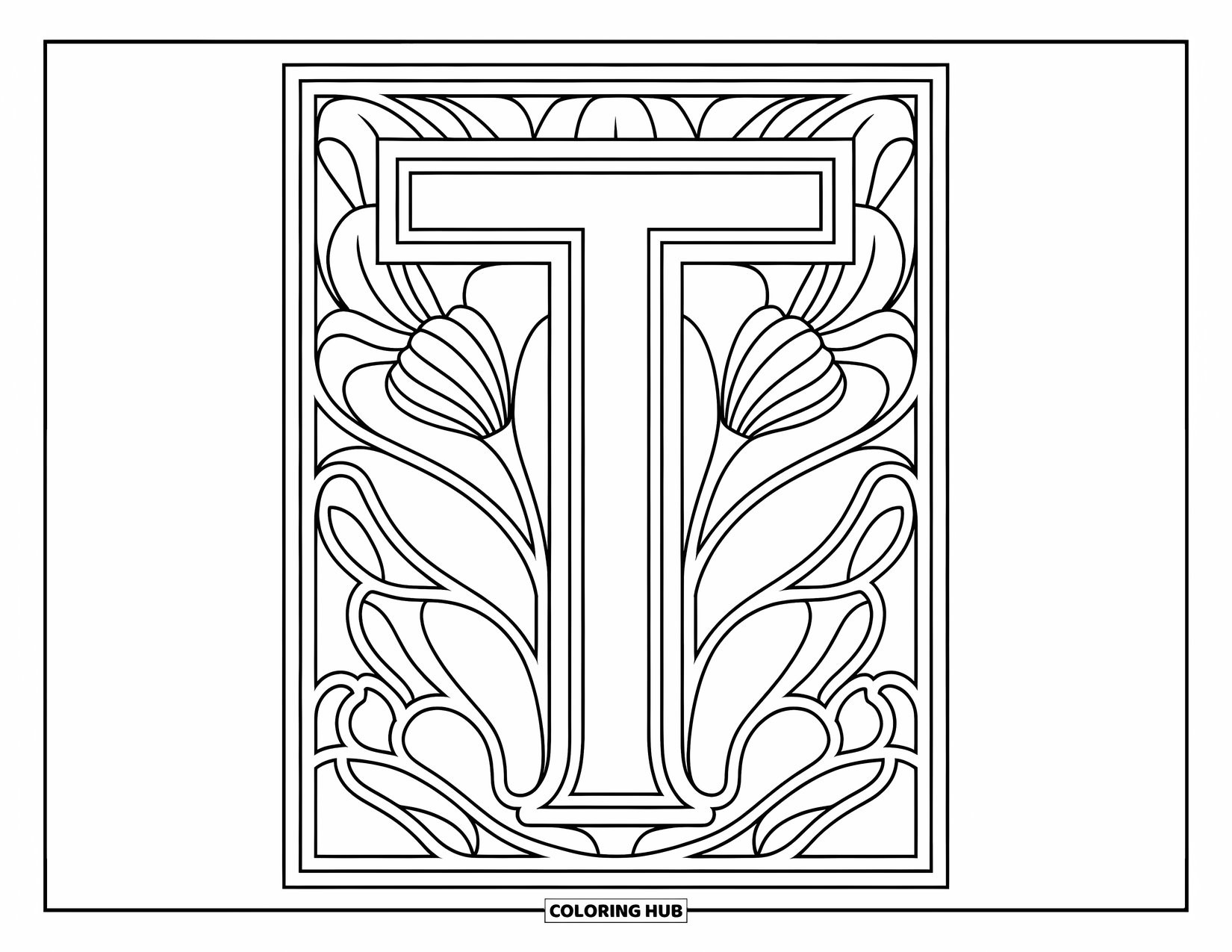Letter T Coloring Page for Adults: Art Nouveau floral lines gently wrap around a bold letter T