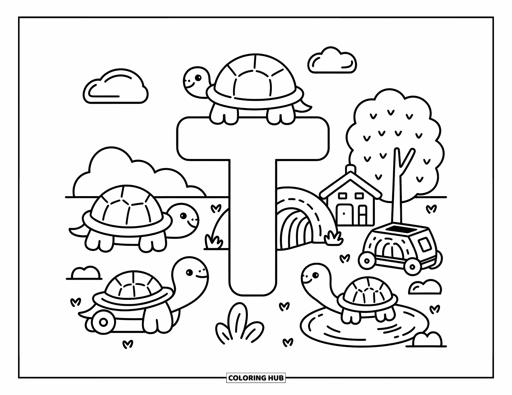Letter T Coloring Page for Adults: Cute turtles relax around T with a toy wagon, pond, and tree shade