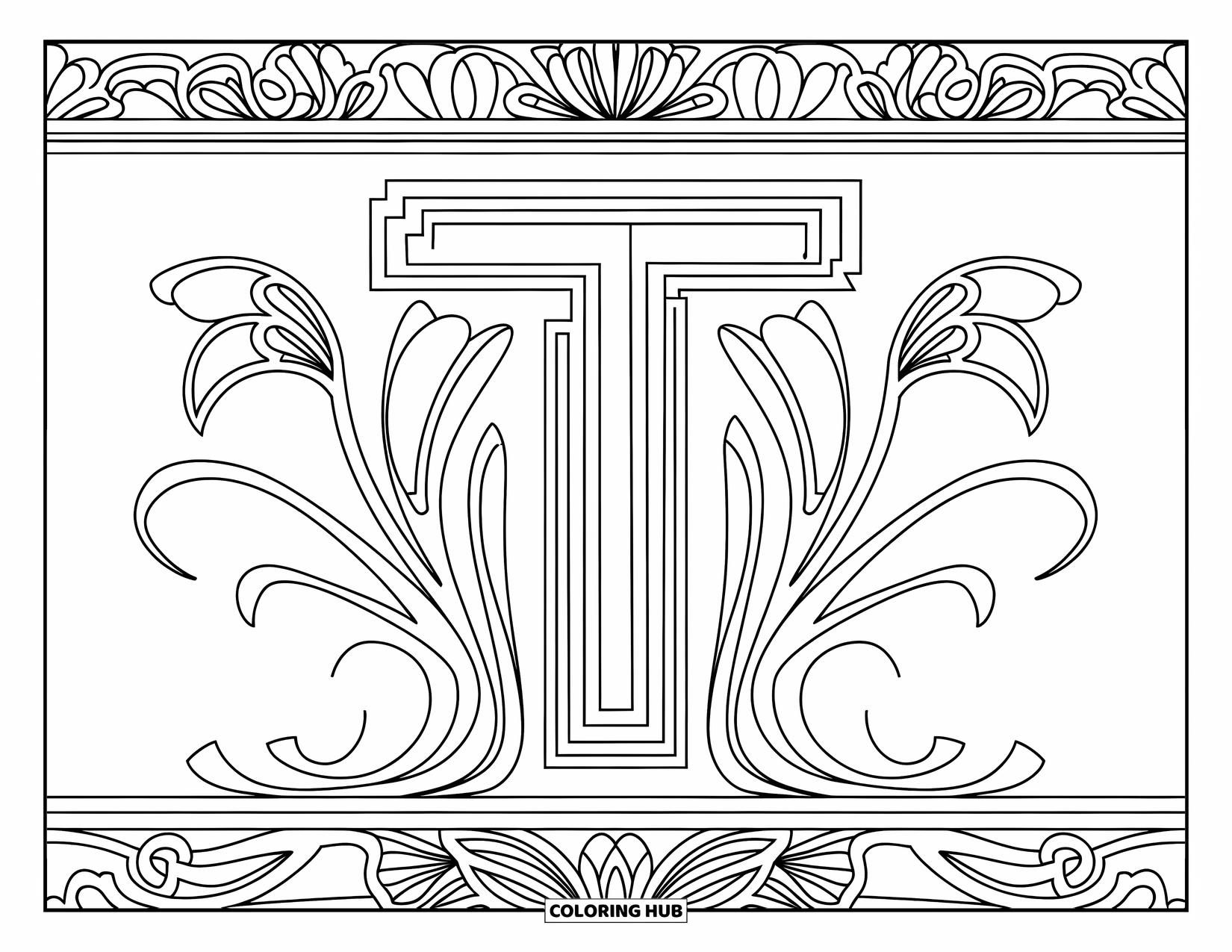 Letter T Coloring Page for Adults: Elegant stems and decorative lines frame a bold, intricate letter T