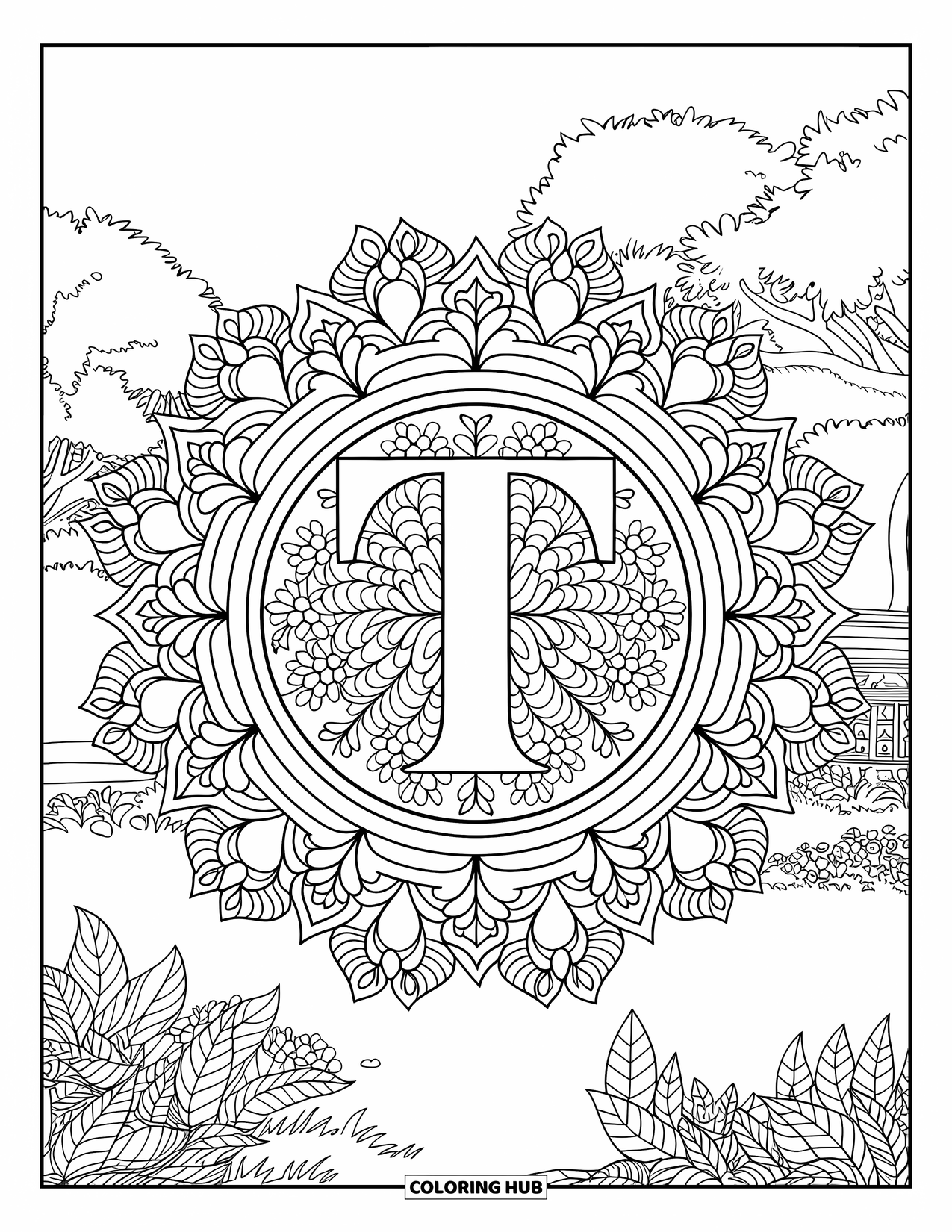 Letter T Coloring Page for Adults: Floral swirls and tea leaves circle a calm garden mandala with T in the center