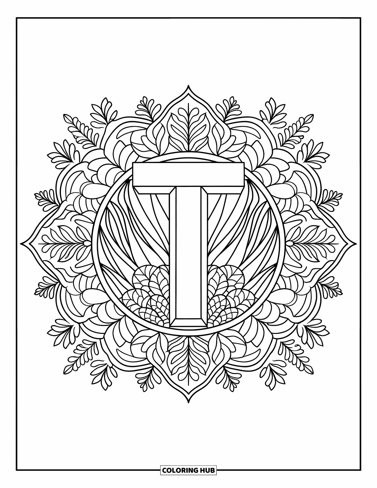 Letter T Coloring Page for Adults: Leaves and succulents spiral around a mandala with T at its heart