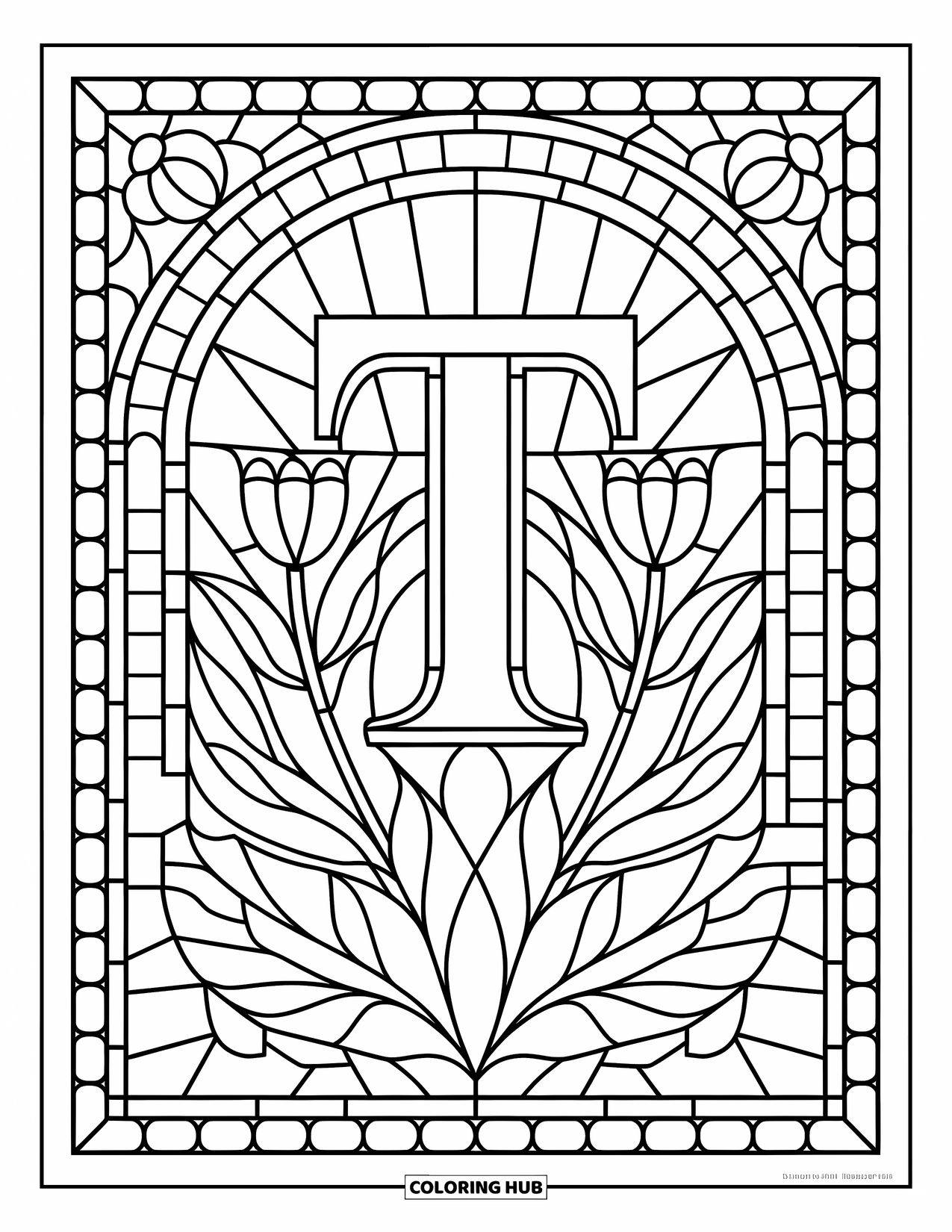 Letter T Coloring Page for Adults: Stained glass florals surround a bold letter T in detailed patterns