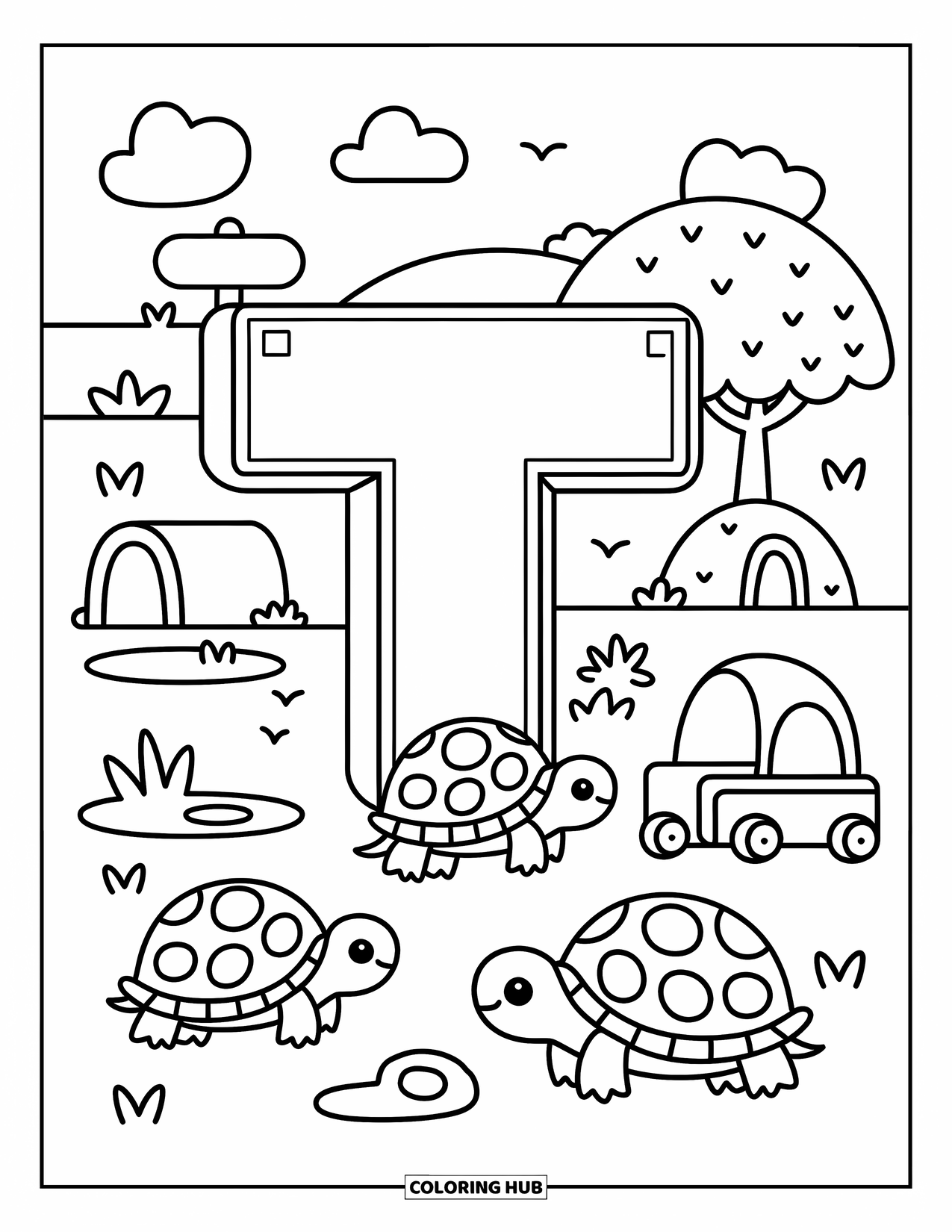 Letter T Coloring Page for Adults: T greets turtle friends by the pond, tunnel, and soft hilltop sign