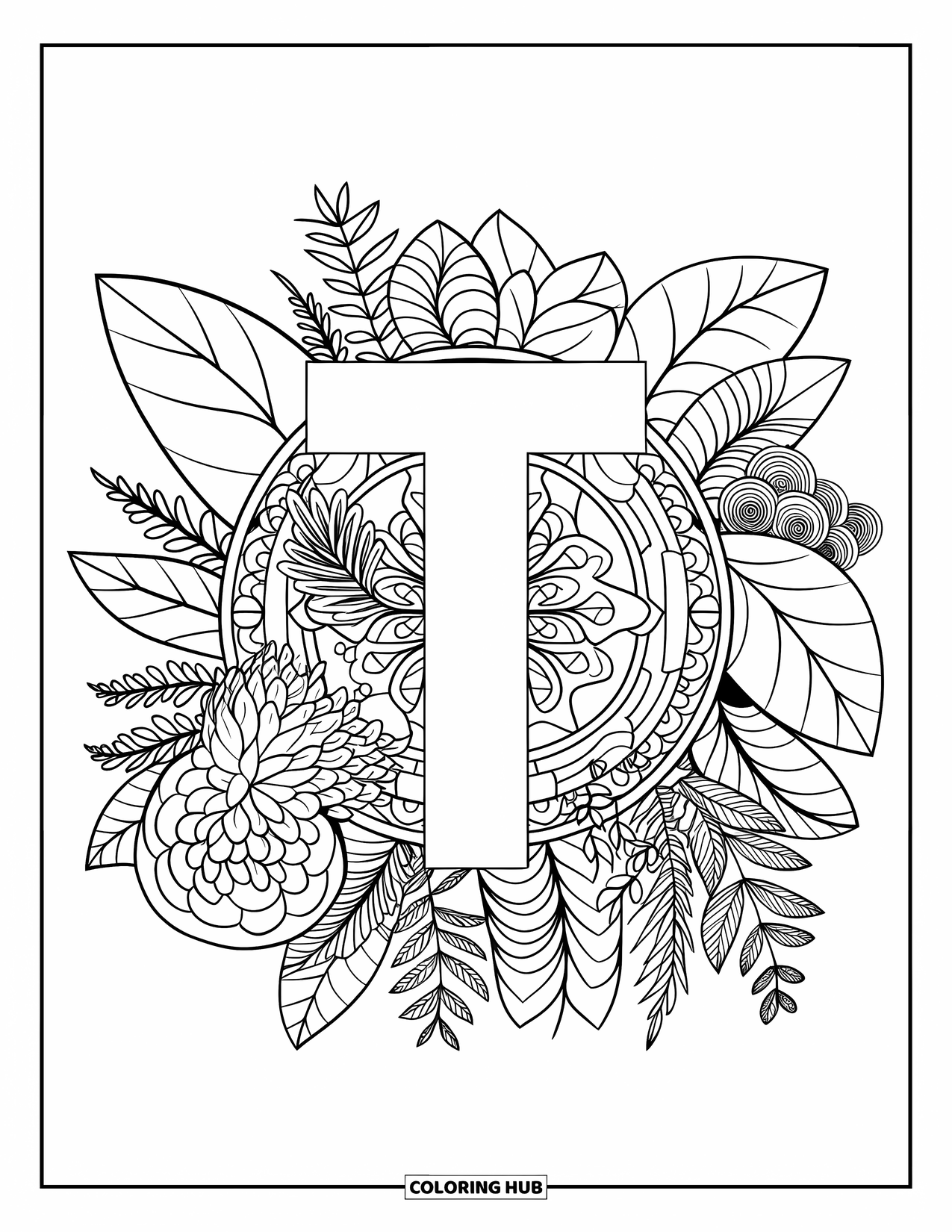 Letter T Coloring Page for Adults: T is framed by a terrarium mandala of ferns, succulents, and swirling patterns
